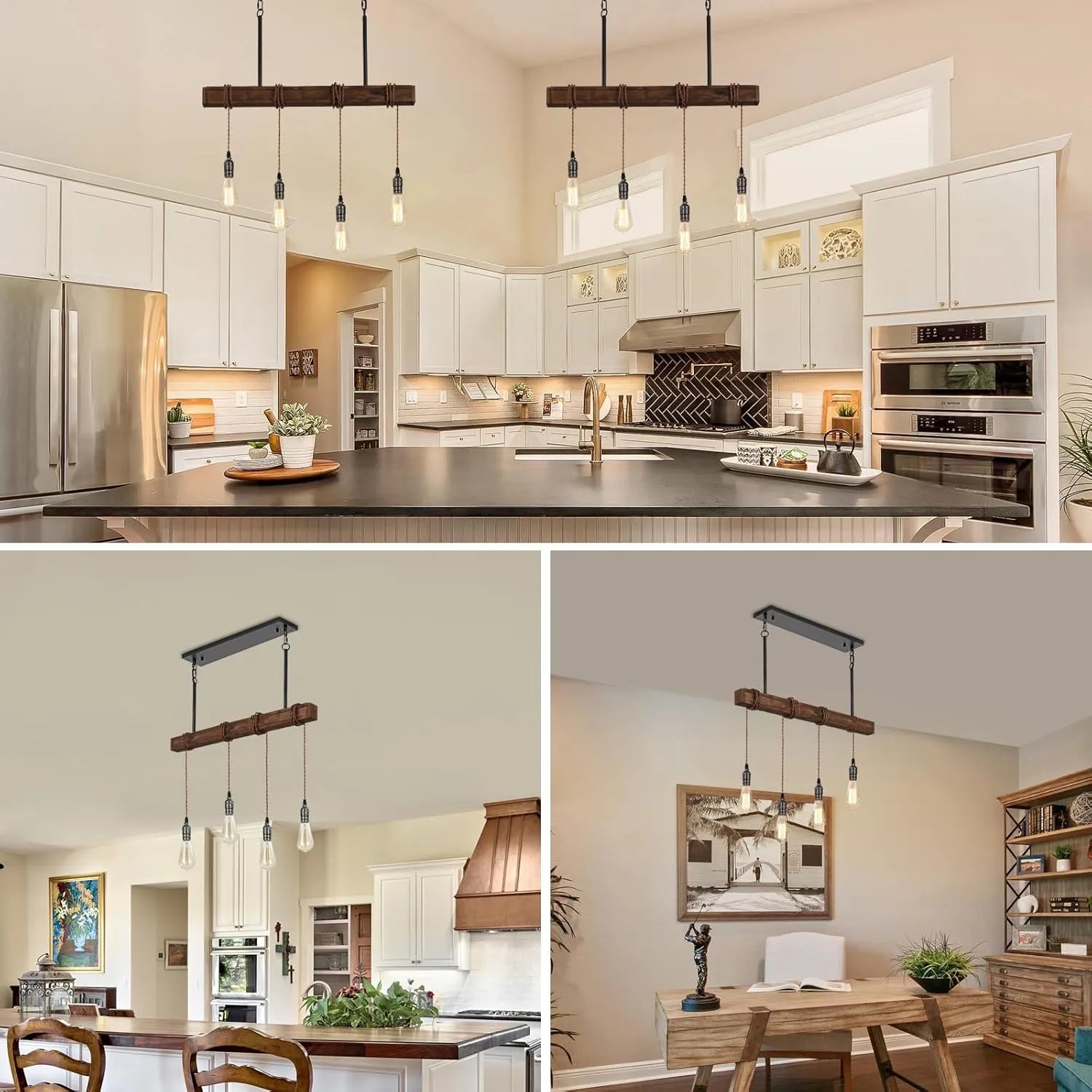 4 Light Farmhouse Kitchen Island Lighting,Rustic Chandelier for Dining Room Light,Industrial Wood Beam Light for Dining Table Kitchen Island Bar,Height Adjustable.