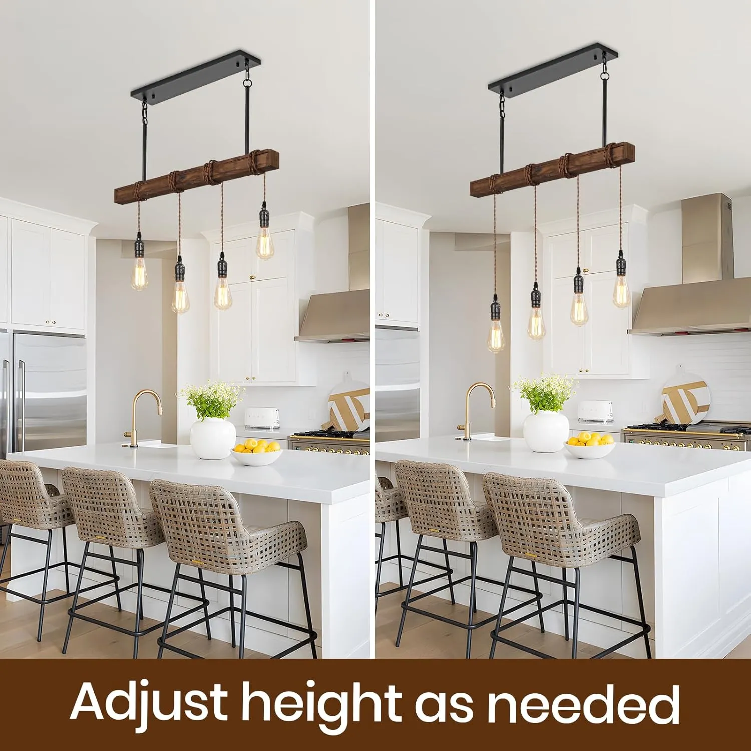 4 Light Farmhouse Kitchen Island Lighting,Rustic Chandelier for Dining Room Light,Industrial Wood Beam Light for Dining Table Kitchen Island Bar,Height Adjustable.