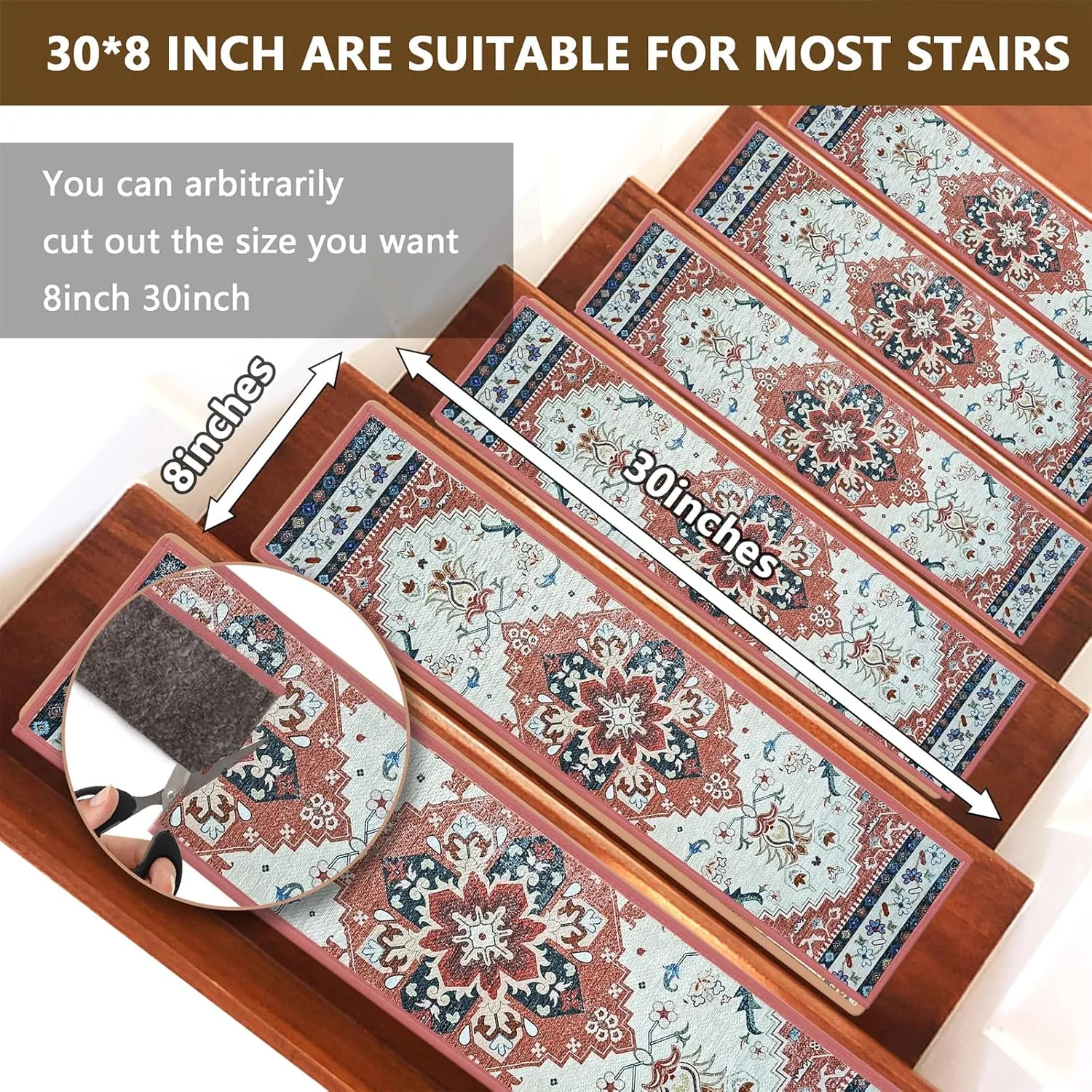4 Pack 8" x 30" Non-Slip Carpet Stair Treads for Wooden Steps Indoor, Resistant Rugs Rubber Safety Mats for Kids Elders and Dogs