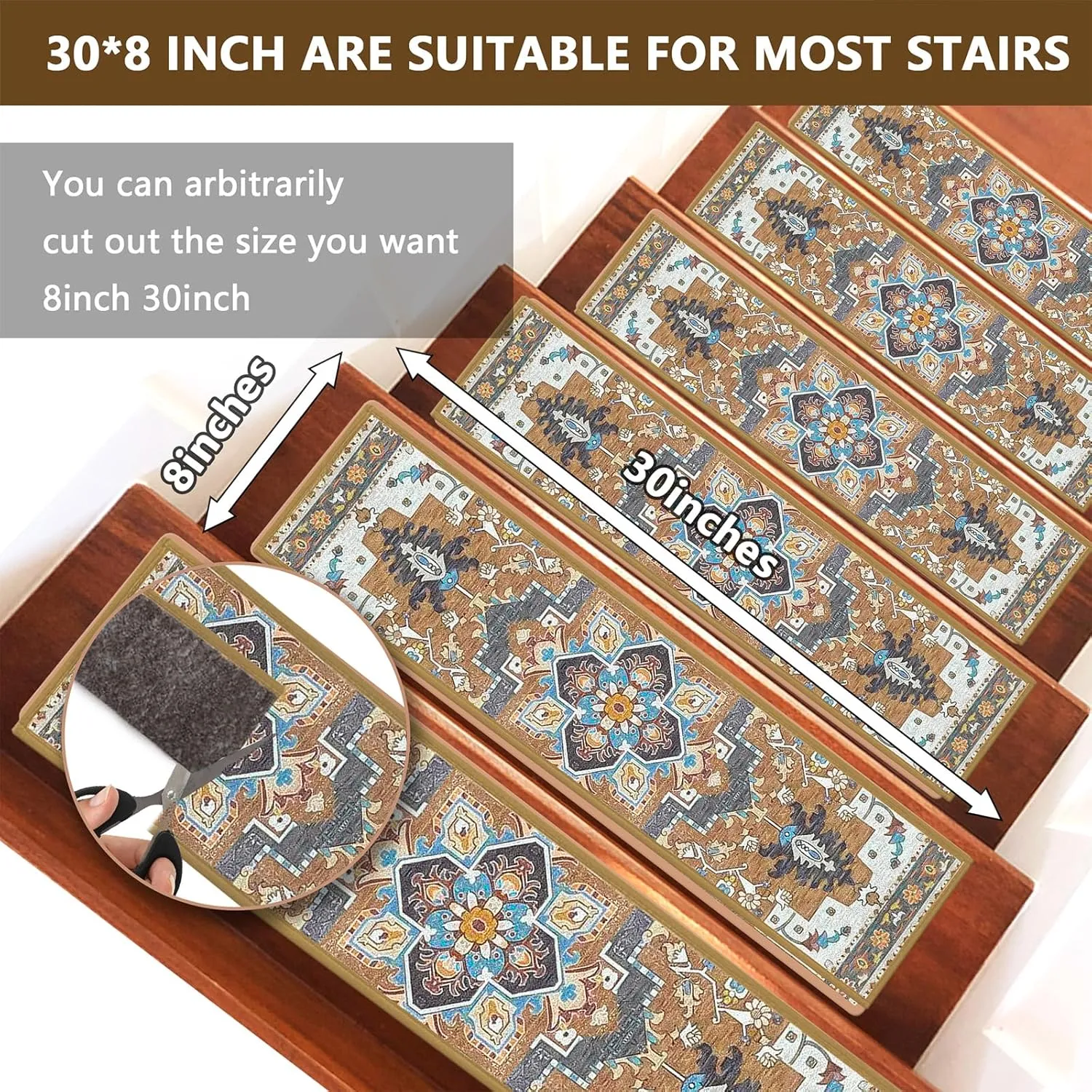 4 Pack 8" x 30" Non-Slip Carpet Stair Treads for Wooden Steps Indoor, Resistant Rugs Rubber Safety Mats for Kids Elders and Dogs