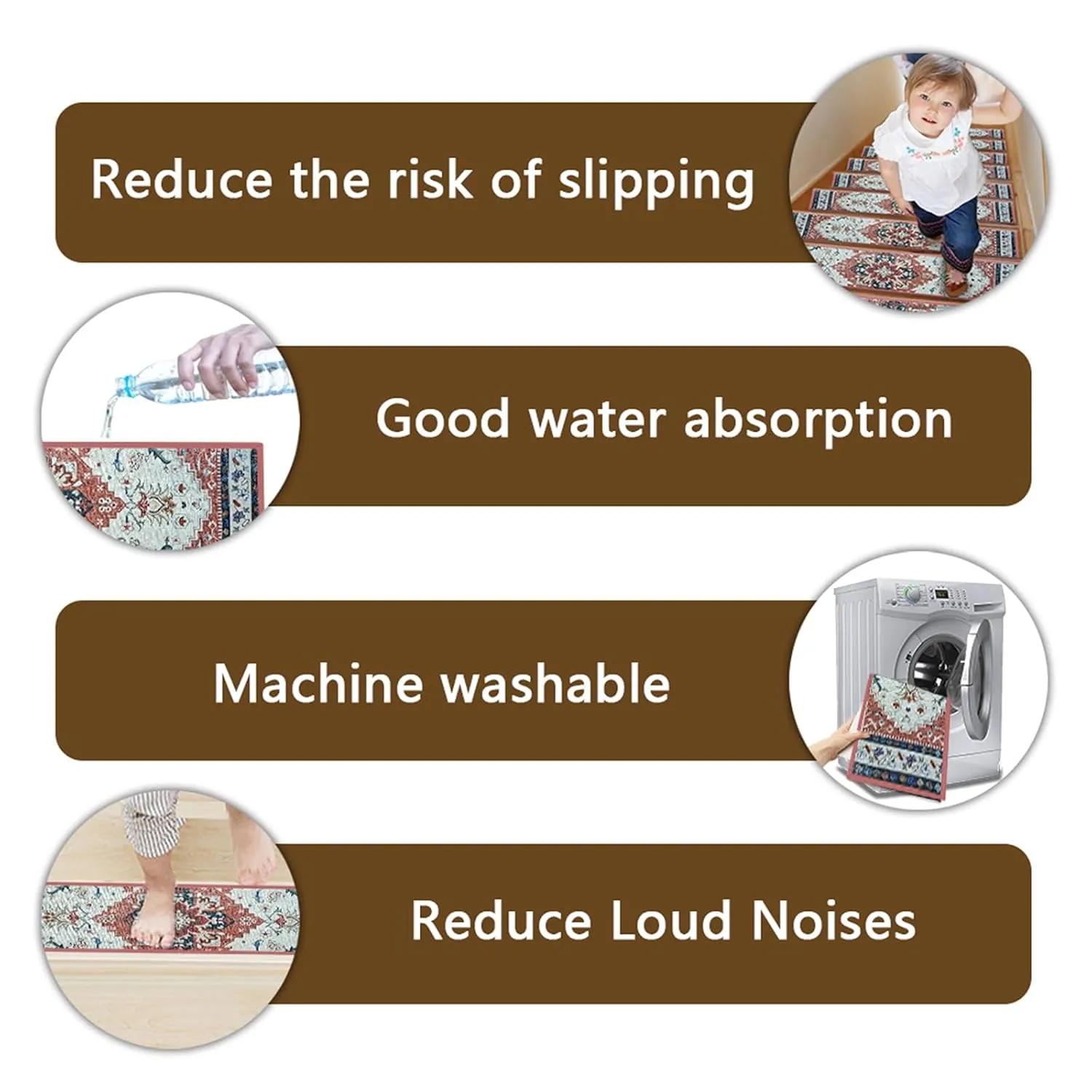 4 Pack 8" x 30" Non-Slip Carpet Stair Treads for Wooden Steps Indoor, Resistant Rugs Rubber Safety Mats for Kids Elders and Dogs