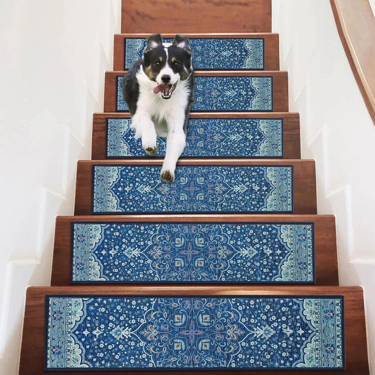 4 Pack 8" x 30" Non-Slip Carpet Stair Treads for Wooden Steps Indoor, Resistant Rugs Rubber Safety Mats for Kids Elders and Dogs