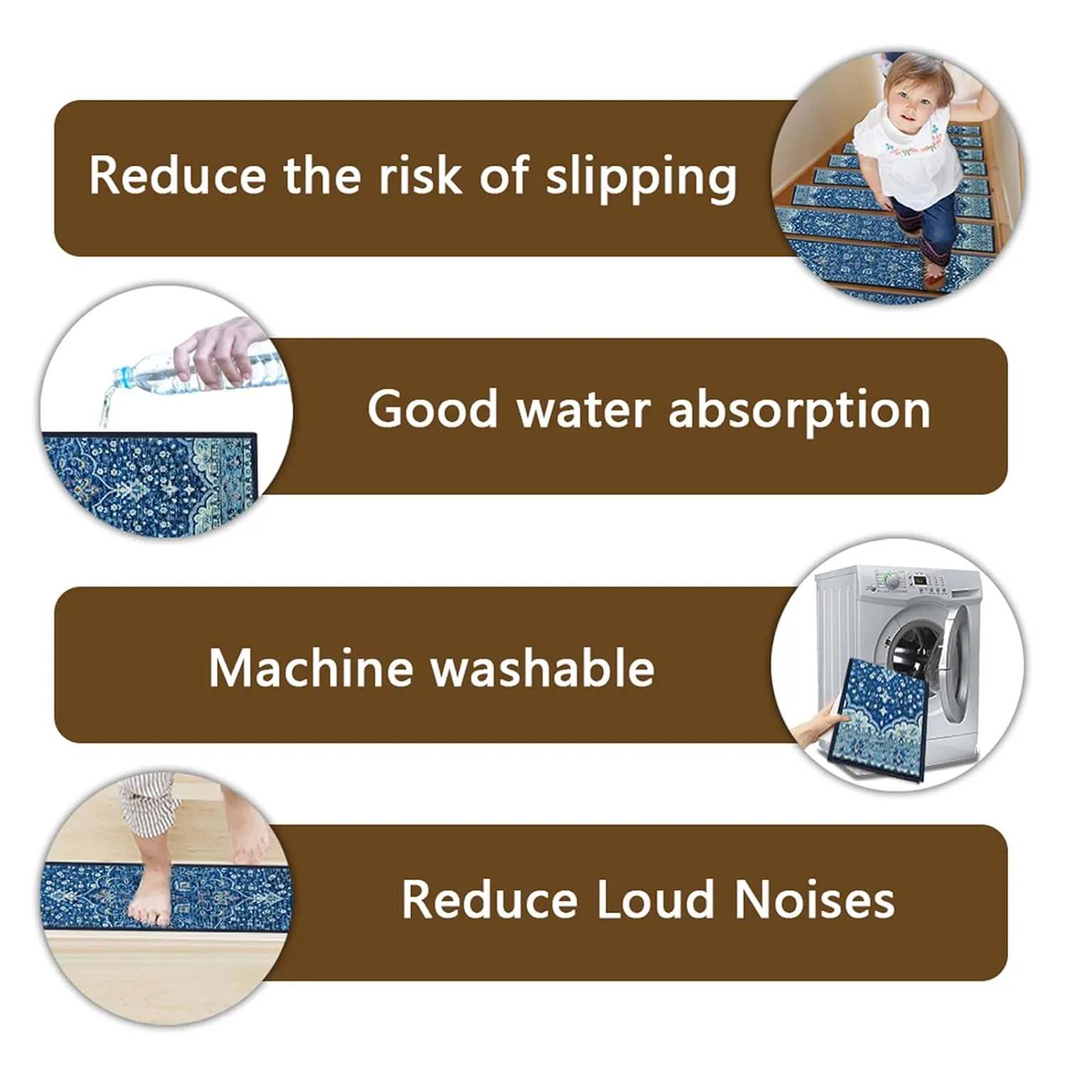 4 Pack 8" x 30" Non-Slip Carpet Stair Treads for Wooden Steps Indoor, Resistant Rugs Rubber Safety Mats for Kids Elders and Dogs