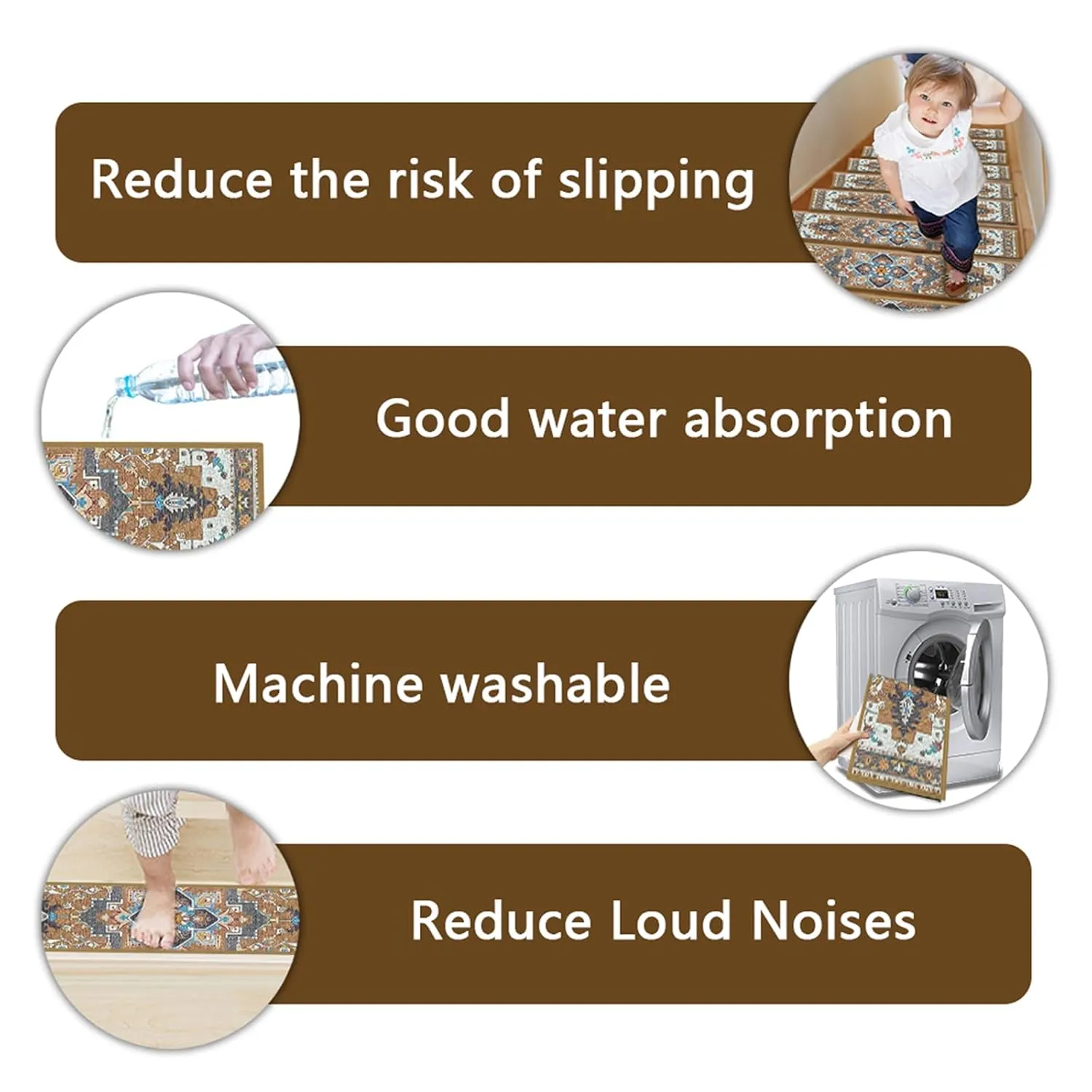 4 Pack 8" x 30" Non-Slip Carpet Stair Treads for Wooden Steps Indoor, Resistant Rugs Rubber Safety Mats for Kids Elders and Dogs