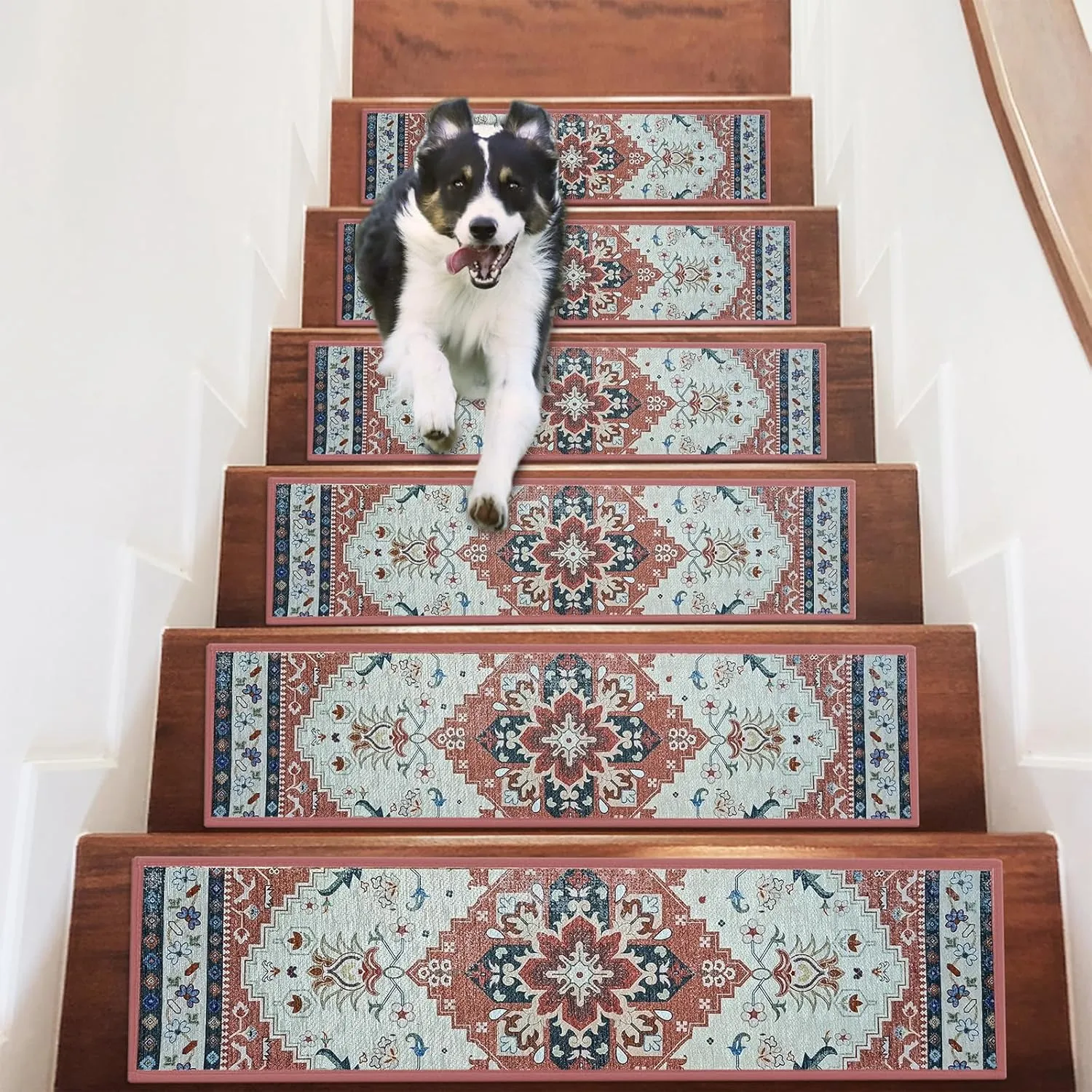 4 Pack 8" x 30" Non-Slip Carpet Stair Treads for Wooden Steps Indoor, Resistant Rugs Rubber Safety Mats for Kids Elders and Dogs