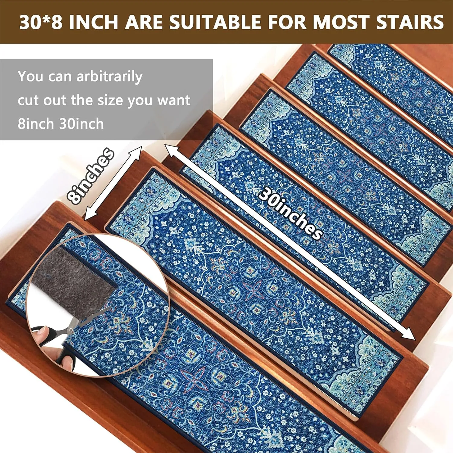 4 Pack 8" x 30" Non-Slip Carpet Stair Treads for Wooden Steps Indoor, Resistant Rugs Rubber Safety Mats for Kids Elders and Dogs