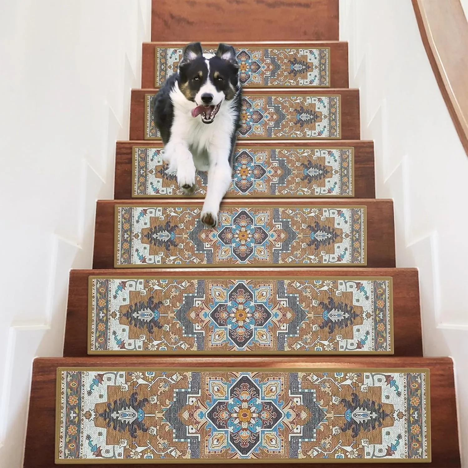 4 Pack 8" x 30" Non-Slip Carpet Stair Treads for Wooden Steps Indoor, Resistant Rugs Rubber Safety Mats for Kids Elders and Dogs