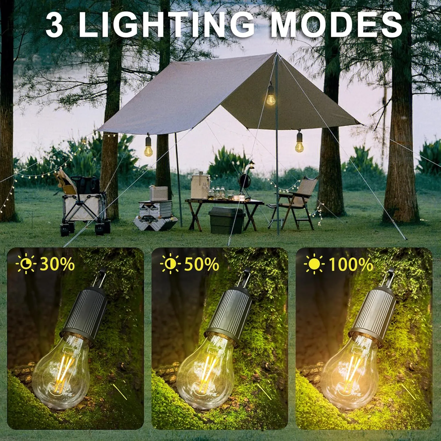 4 Pack Camping Lights Rechargeable, Hanging Tent Lights Bulb with Hook, Timer Function, 3 Lighting Modes Tent Lamp for Camping, Hiking, Backpacking, Emergency Outage (White)