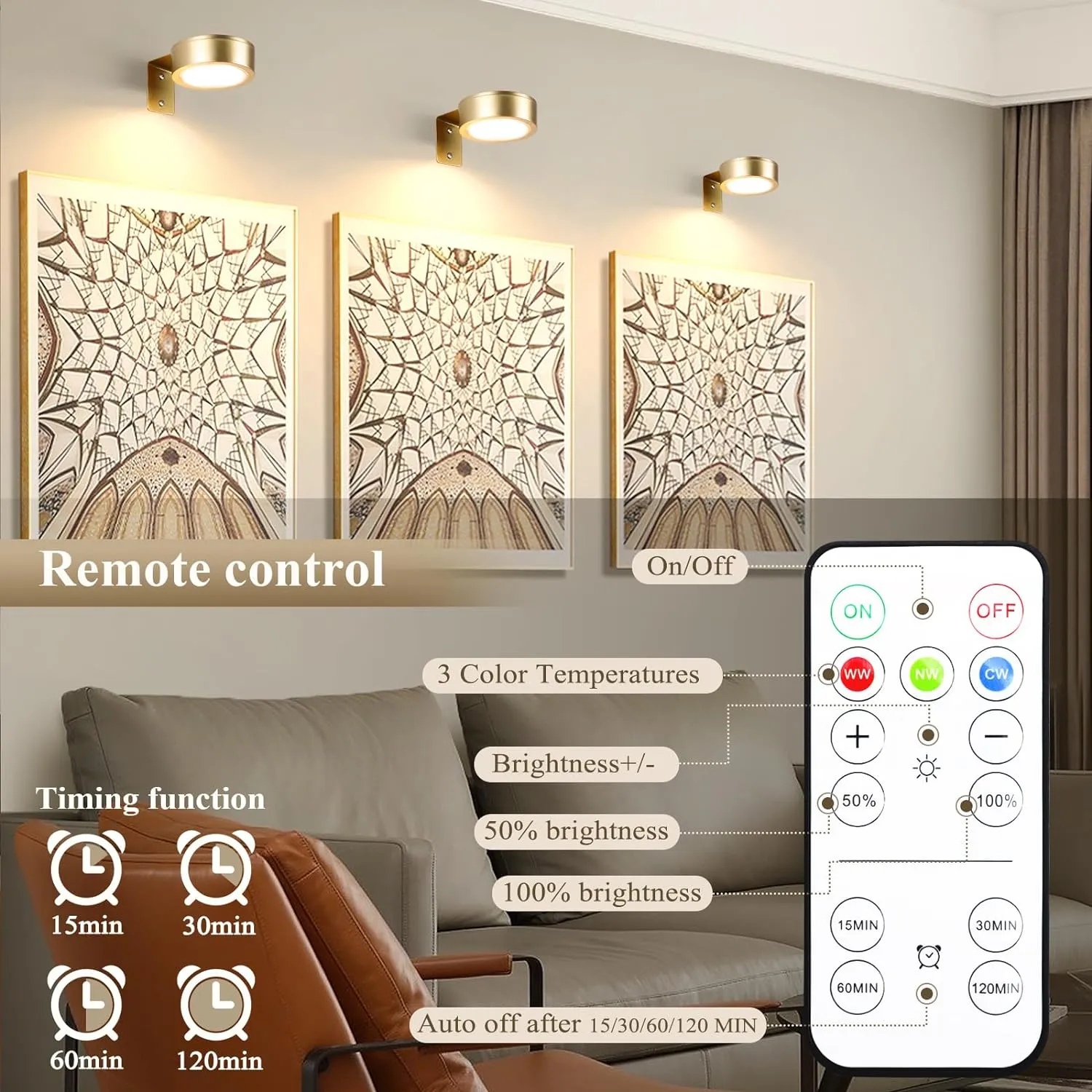4-Pack Picture Light Battery Operated Painting Lights for Wall, Magnetic LED Display Art Light with Remote, Dimmable and Timer Portrait Light for Art Frame Artworking, Wall Decor Puck Light