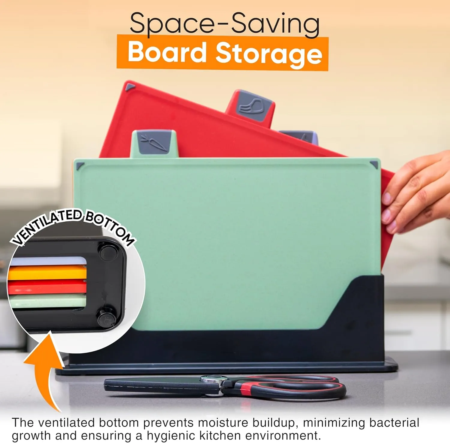 4-Piece Non-Toxic Cutting Board Set with Premium Scissors – BPA-Free Plastic and Rubber Chopping Boards for Kitchen Essentials with Organizer, Dishwasher Safe Accessories Holder.