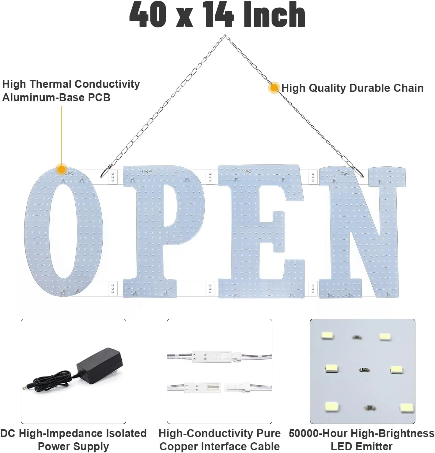 40"x14" Large LED Open Signs for Business Super Bright Unique Design Blue Open Sign with Hanging Installation for Window Stores Bar Hotel Retail Shops Salon Restaurant Office