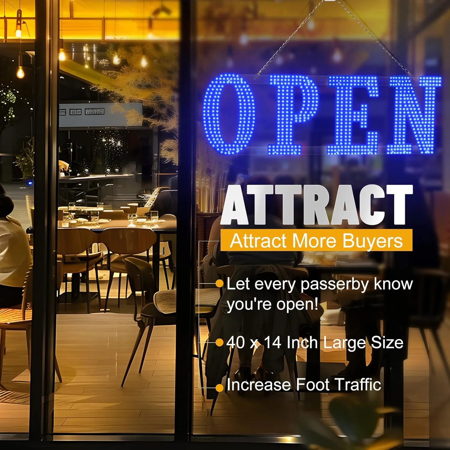 40"x14" Large LED Open Signs for Business Super Bright Unique Design Blue Open Sign with Hanging Installation for Window Stores Bar Hotel Retail Shops Salon Restaurant Office