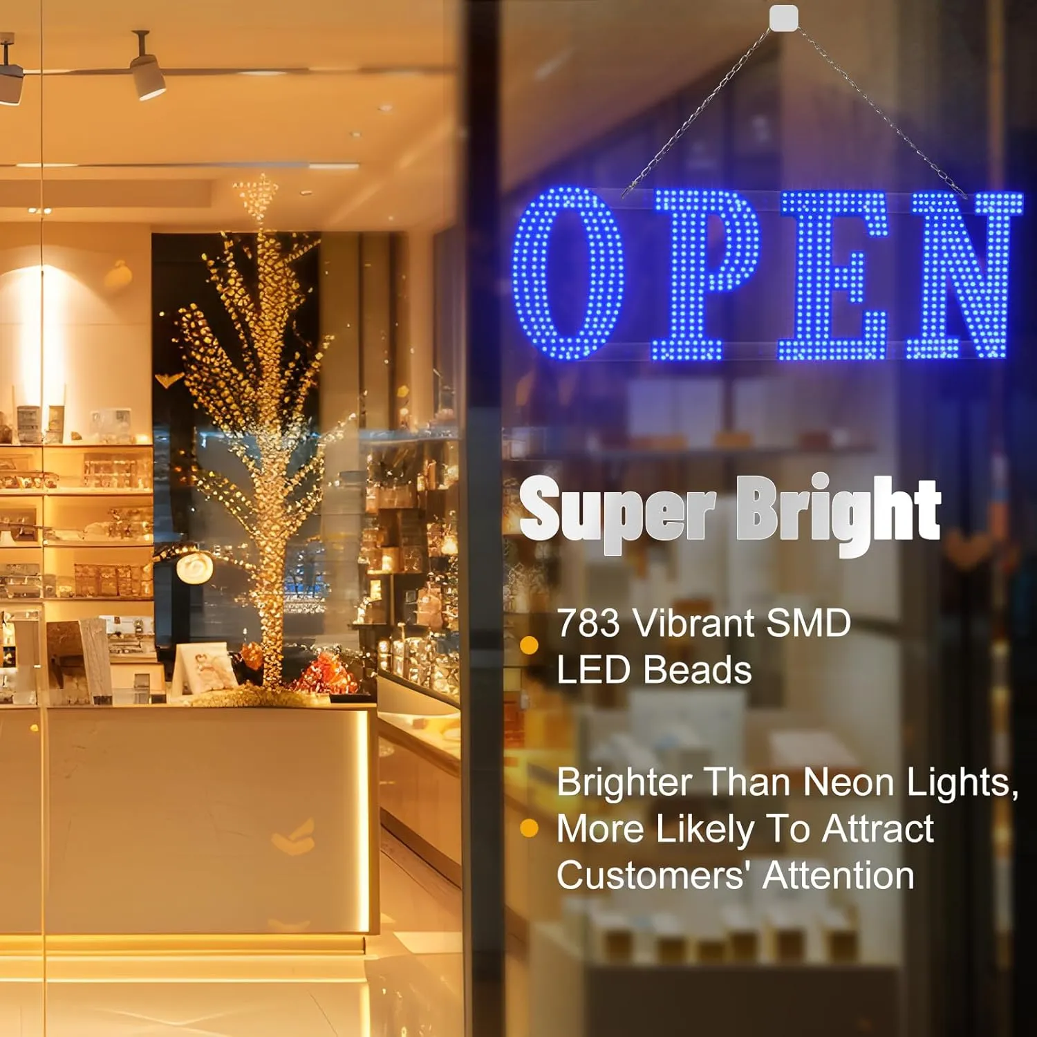 40"x14" Large LED Open Signs for Business Super Bright Unique Design Blue Open Sign with Hanging Installation for Window Stores Bar Hotel Retail Shops Salon Restaurant Office