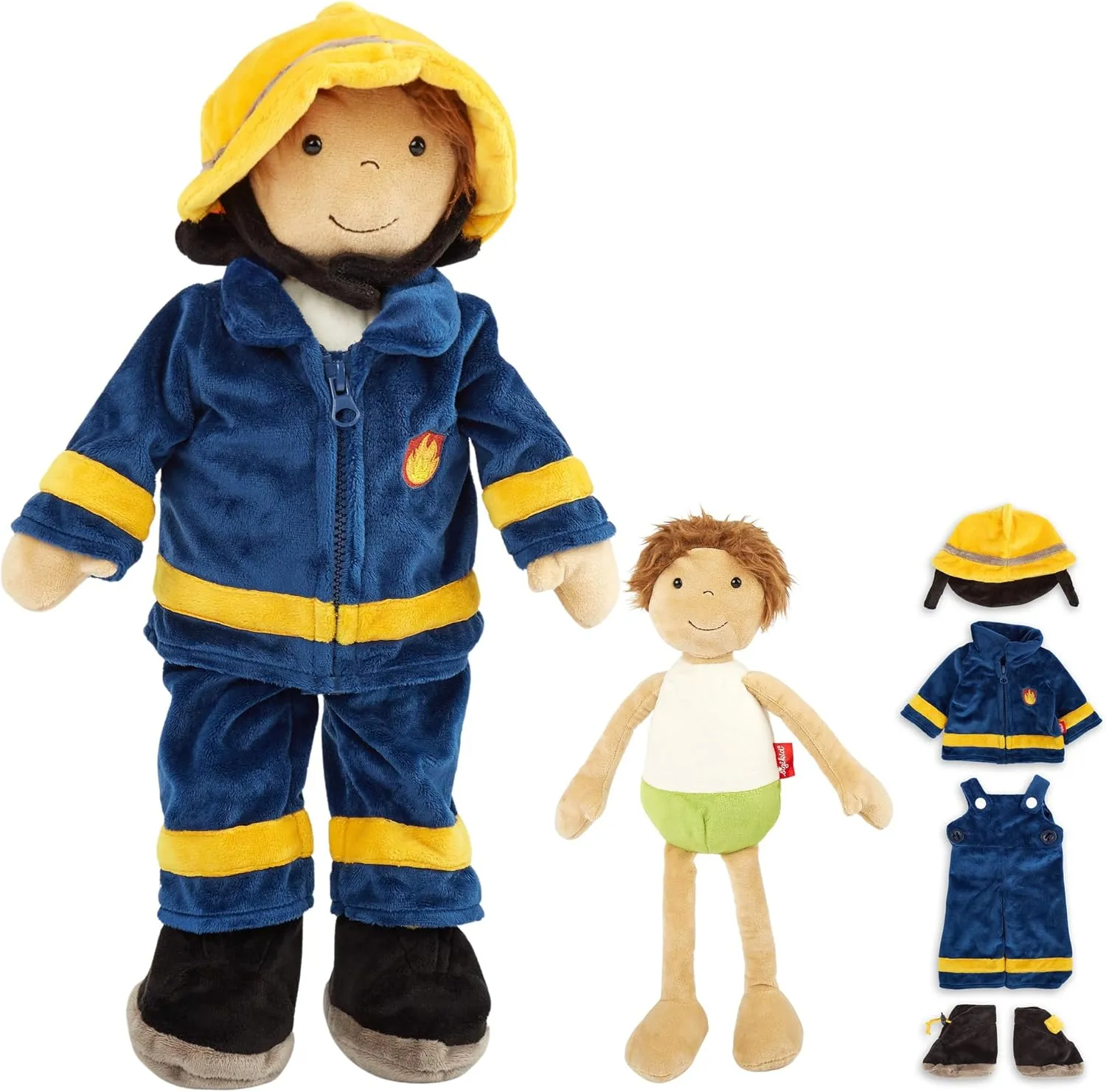 42859 Firefighter Learning Doll, Plush Doll for Dressing and Stripping: Buttons, Velcro, Zipper: Fun, Learning, Cuddling - for Children from 12 Months Once, Multicolor/Firefighter 45