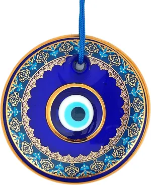4.3" Glass Blue Evil Eye Wall Hanging Gold and Turquoise Floral Design Ornament – Turkish Nazar Bead - Home Protection Charm - Wall Art Amulet in a Box