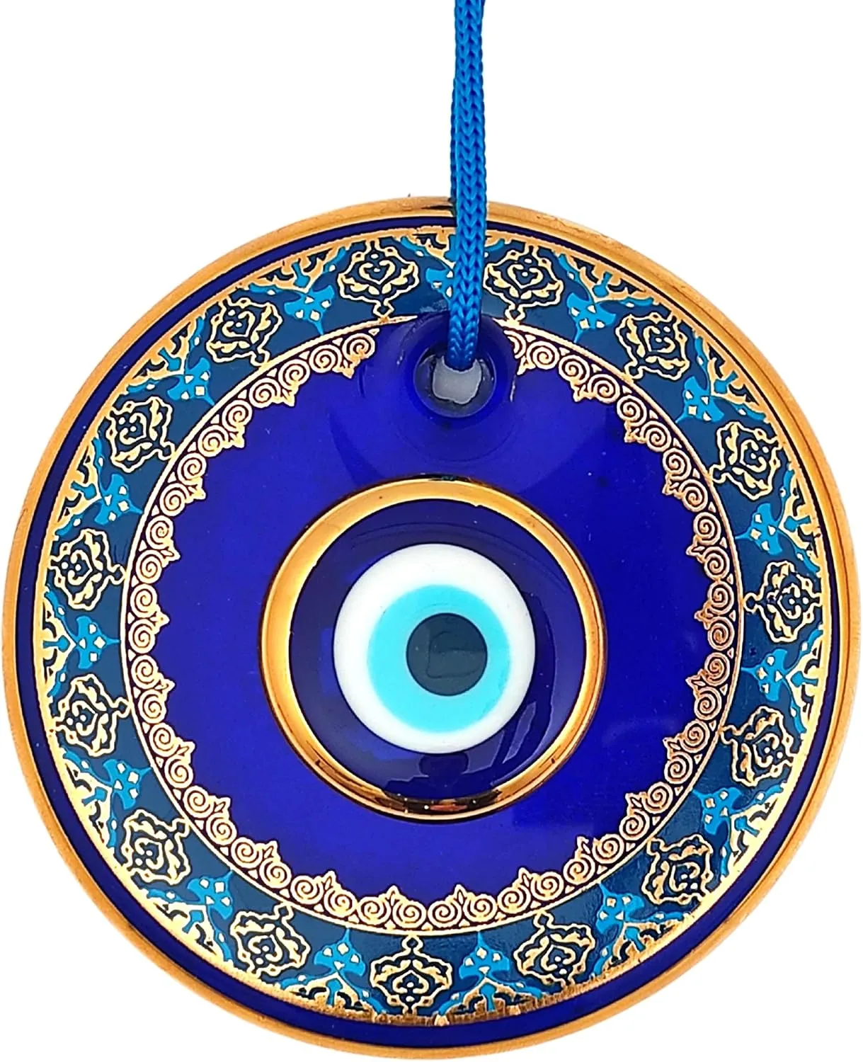 4.3" Glass Blue Evil Eye Wall Hanging Gold and Turquoise Floral Design Ornament – Turkish Nazar Bead - Home Protection Charm - Wall Art Amulet in a Box