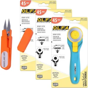 45mm Ergonomic Rotary Cutter for Fabric, Quick Change Blade, Aqua - Bundled with Embroidery Scissors, for Fabric, Sewing, Quilting, Blade Cover, Compatible with Rb45-1 Blades [Pack Of 3]