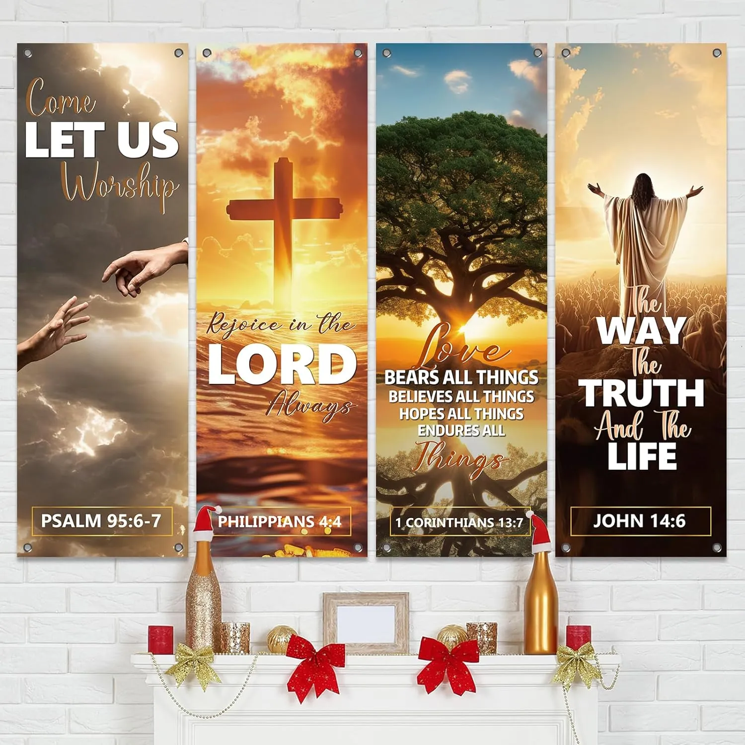 4Pcs Church Banners for Sanctuary Wall Welcome Religious Banners Hanging Backdrop Sanctuary Church Hanging Signs Bible Verses Banner Scripture Church Hanging Signs for Church School Decor