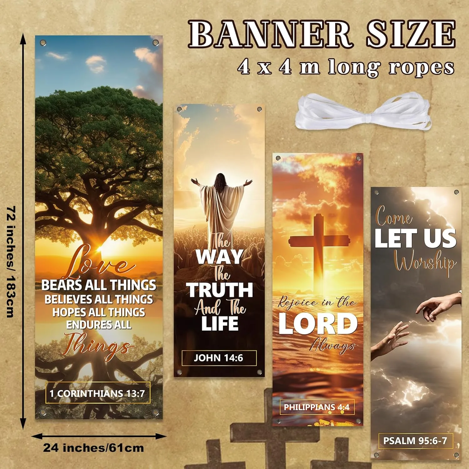 4Pcs Church Banners for Sanctuary Wall Welcome Religious Banners Hanging Backdrop Sanctuary Church Hanging Signs Bible Verses Banner Scripture Church Hanging Signs for Church School Decor