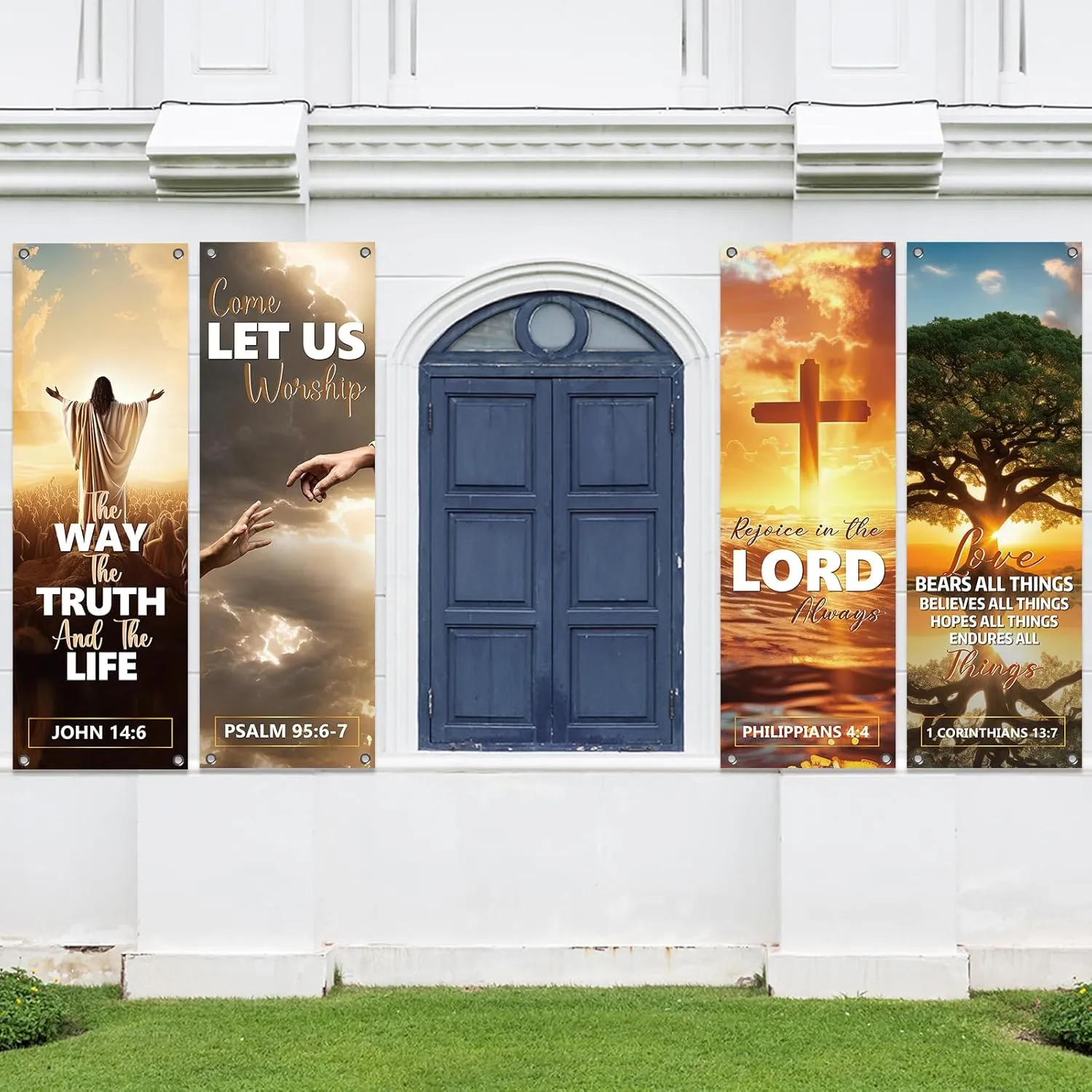 4Pcs Church Banners for Sanctuary Wall Welcome Religious Banners Hanging Backdrop Sanctuary Church Hanging Signs Bible Verses Banner Scripture Church Hanging Signs for Church School Decor