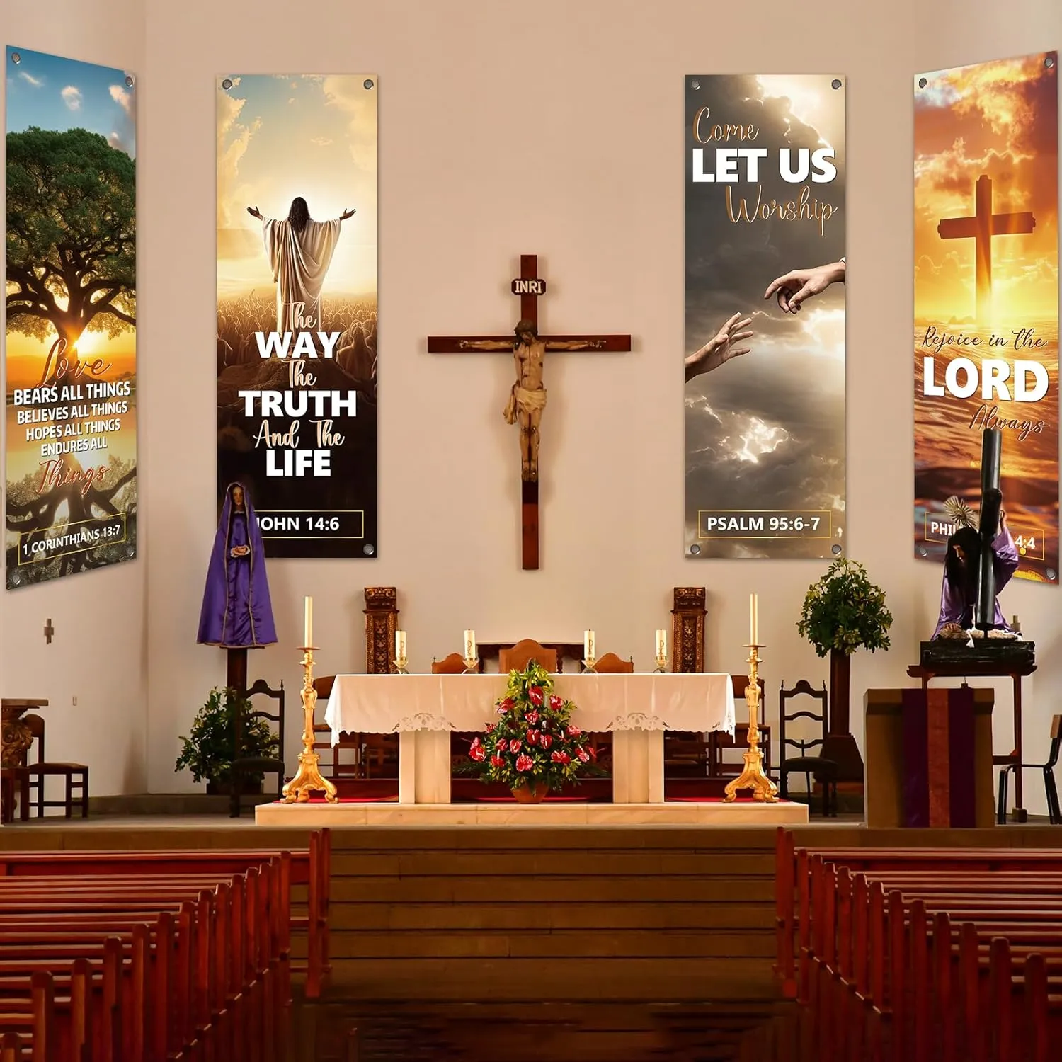 4Pcs Church Banners for Sanctuary Wall Welcome Religious Banners Hanging Backdrop Sanctuary Church Hanging Signs Bible Verses Banner Scripture Church Hanging Signs for Church School Decor