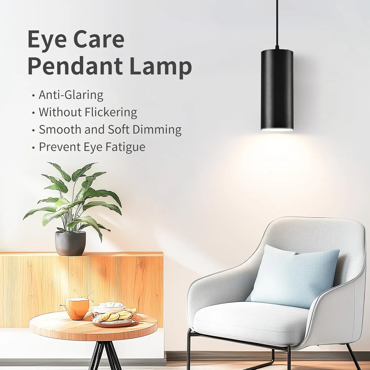 4" Pendant Lights Kitchen Island, 25W Cylinder Hanging Lights with Dipswitch, Modern Eye Care Led Pendant Lamp fixtures for Bedroom, Living Room, Office (Black, 1 Pcs)