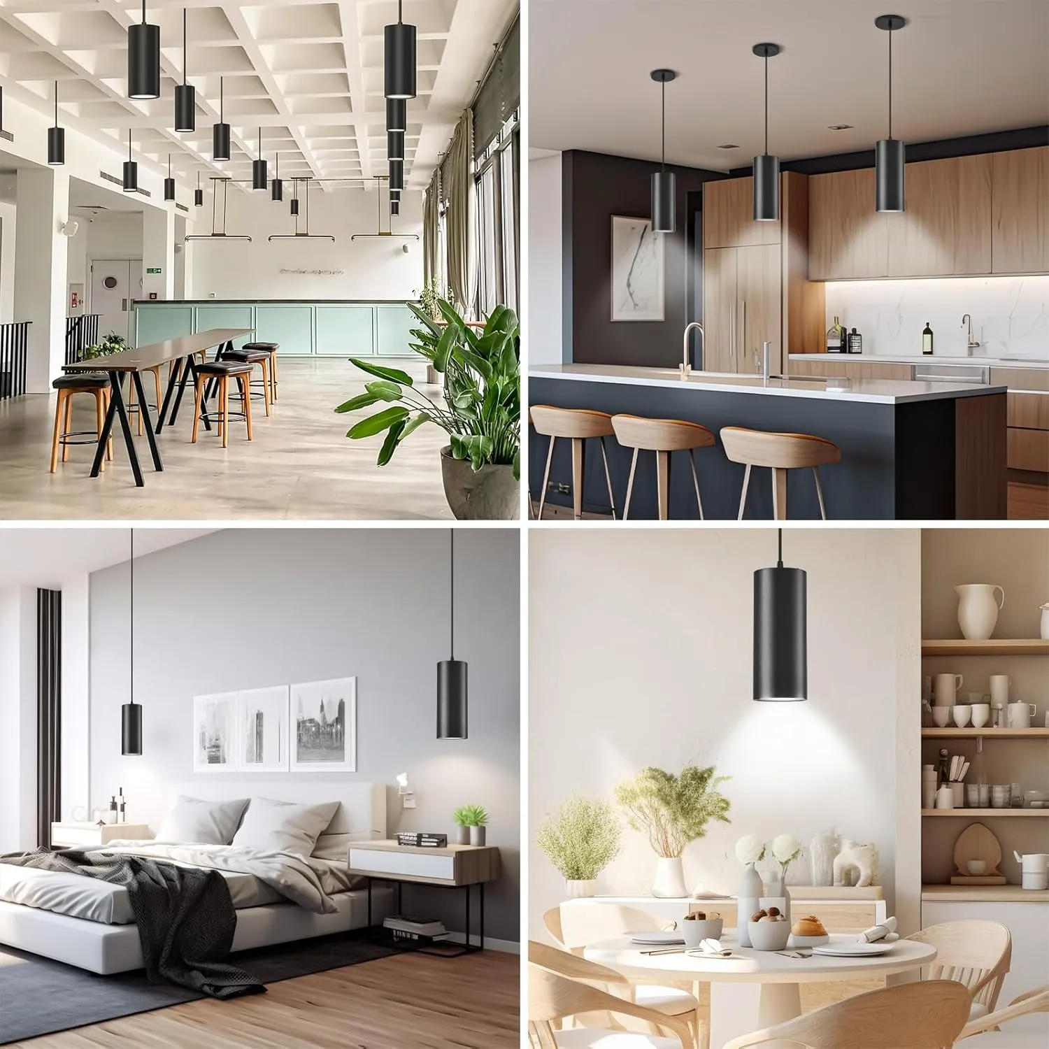 4" Pendant Lights Kitchen Island, 25W Cylinder Hanging Lights with Dipswitch, Modern Eye Care Led Pendant Lamp fixtures for Bedroom, Living Room, Office (Black, 1 Pcs)