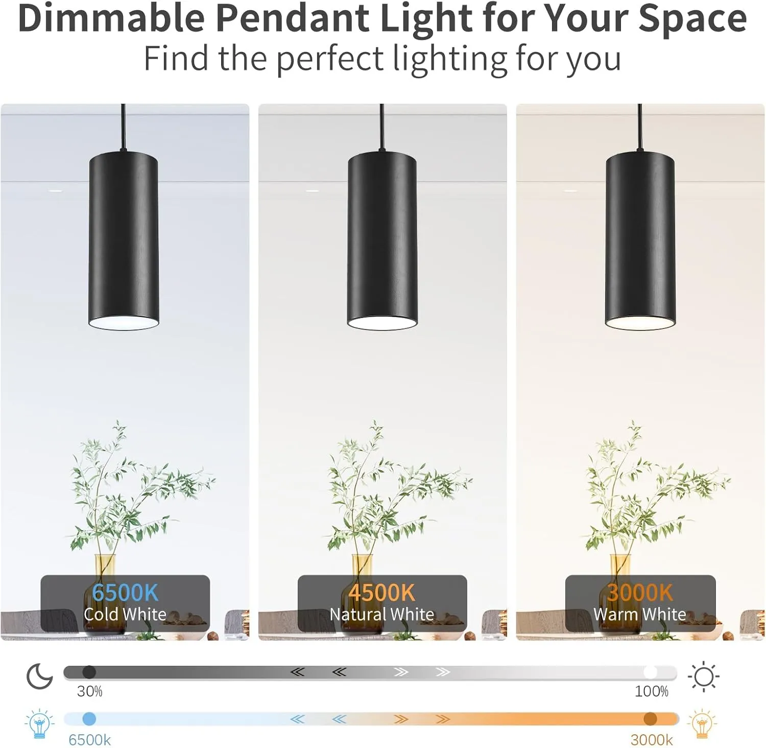 4" Pendant Lights Kitchen Island, 25W Cylinder Hanging Lights with Dipswitch, Modern Eye Care Led Pendant Lamp fixtures for Bedroom, Living Room, Office (Black, 1 Pcs)