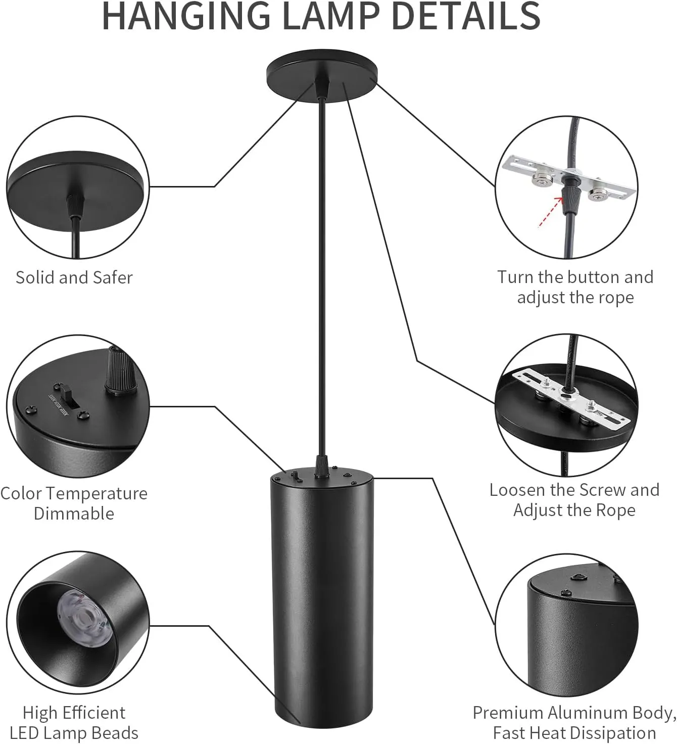 4" Pendant Lights Kitchen Island, 25W Cylinder Hanging Lights with Dipswitch, Modern Eye Care Led Pendant Lamp fixtures for Bedroom, Living Room, Office (Black, 1 Pcs)