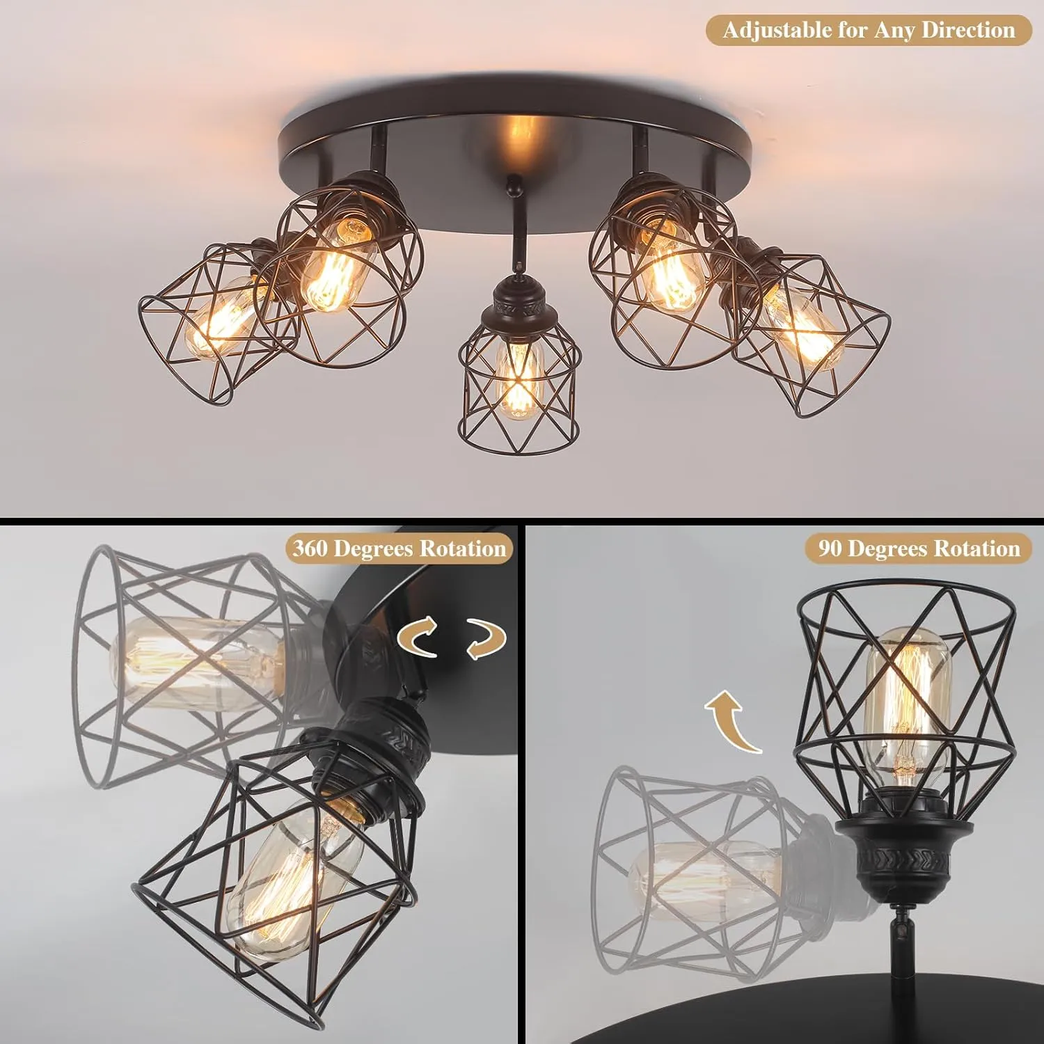 5-Lights Kitchen Light Fixtures Ceiling Mount, Adjustable Multi-Directional Black Flush Mount Ceiling Light, Retro Metal Cage Farmhouse Close to Ceiling Light Fixture for Hallway Dining Room Entryway