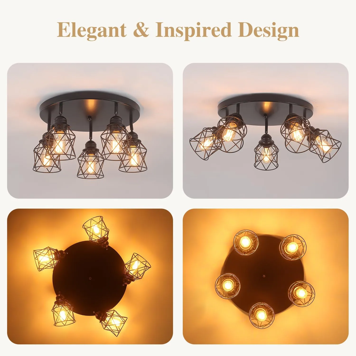 5-Lights Kitchen Light Fixtures Ceiling Mount, Adjustable Multi-Directional Black Flush Mount Ceiling Light, Retro Metal Cage Farmhouse Close to Ceiling Light Fixture for Hallway Dining Room Entryway