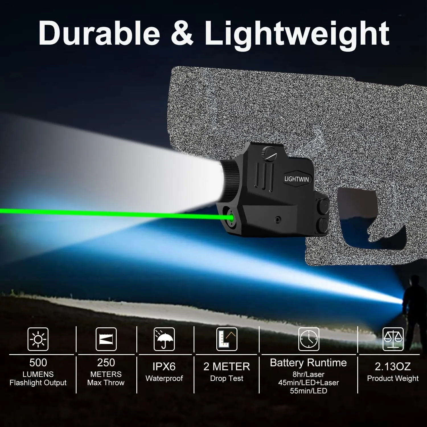 500/600 Lumens Pistol Light, Green Laser Light Combo for Picatinny Rail Mounted, Tactical Flashlight with Green Beam for Pistol, Strobe&Steady for Flashlight