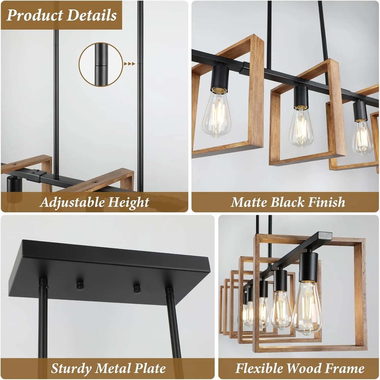 53’’ Farmhouse Kitchen Island Lighting, 5-Light Adjustable Dining Room Light Fixtures, Rustic Wood Chandeliers Black Hanging Light Fixtures for Kitchen, Pool Table Lights, Bulbs Not Included