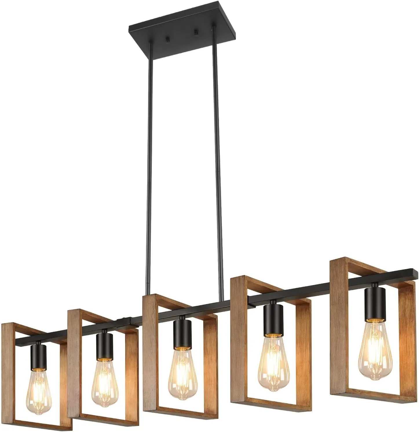 53’’ Farmhouse Kitchen Island Lighting, 5-Light Adjustable Dining Room Light Fixtures, Rustic Wood Chandeliers Black Hanging Light Fixtures for Kitchen, Pool Table Lights, Bulbs Not Included