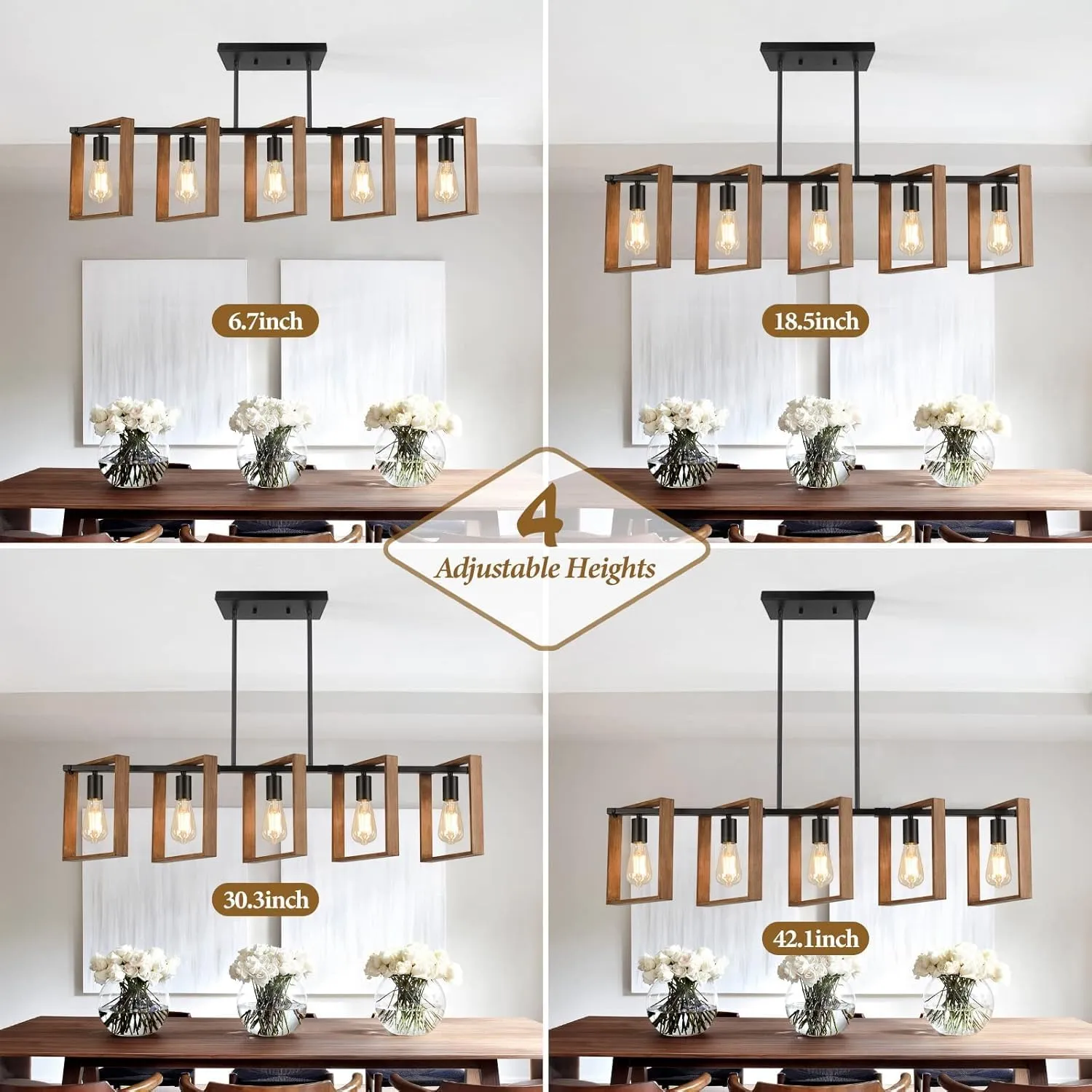 53’’ Farmhouse Kitchen Island Lighting, 5-Light Adjustable Dining Room Light Fixtures, Rustic Wood Chandeliers Black Hanging Light Fixtures for Kitchen, Pool Table Lights, Bulbs Not Included