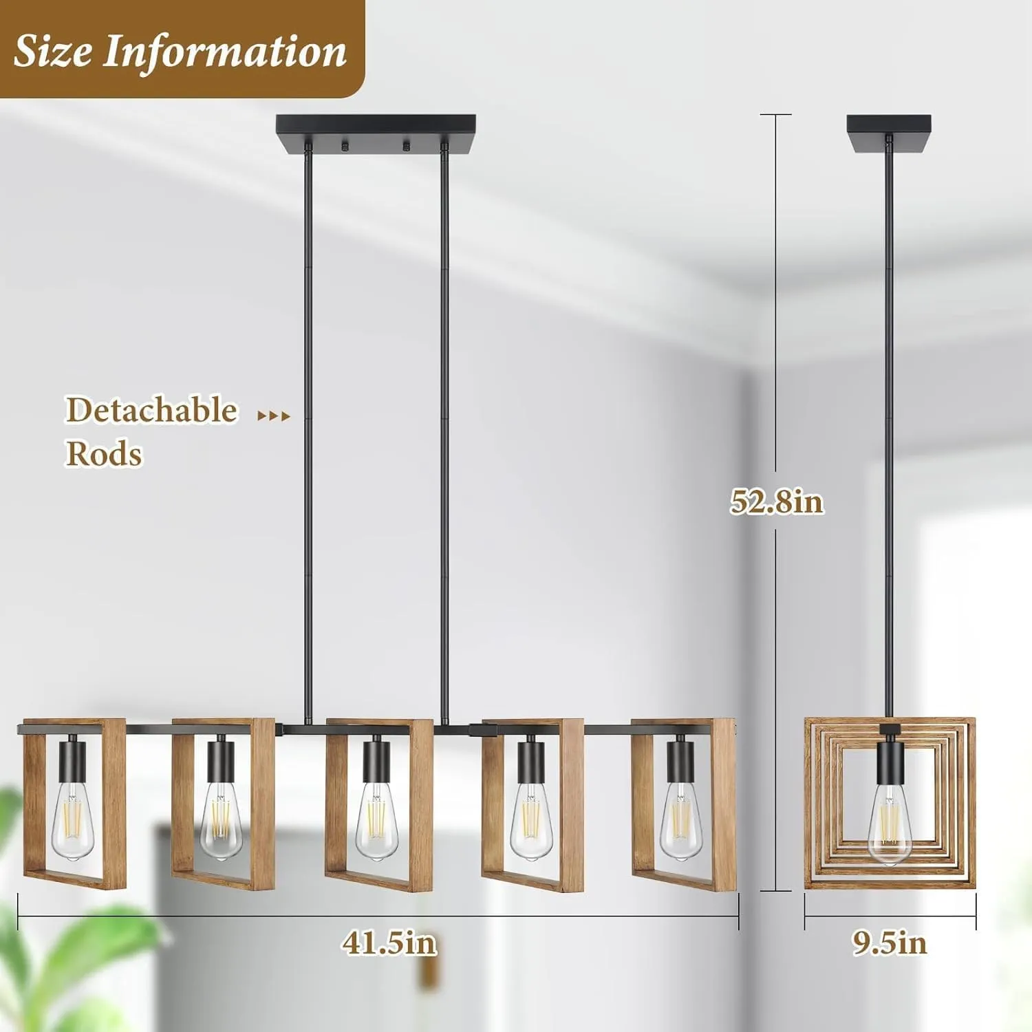 53’’ Farmhouse Kitchen Island Lighting, 5-Light Adjustable Dining Room Light Fixtures, Rustic Wood Chandeliers Black Hanging Light Fixtures for Kitchen, Pool Table Lights, Bulbs Not Included