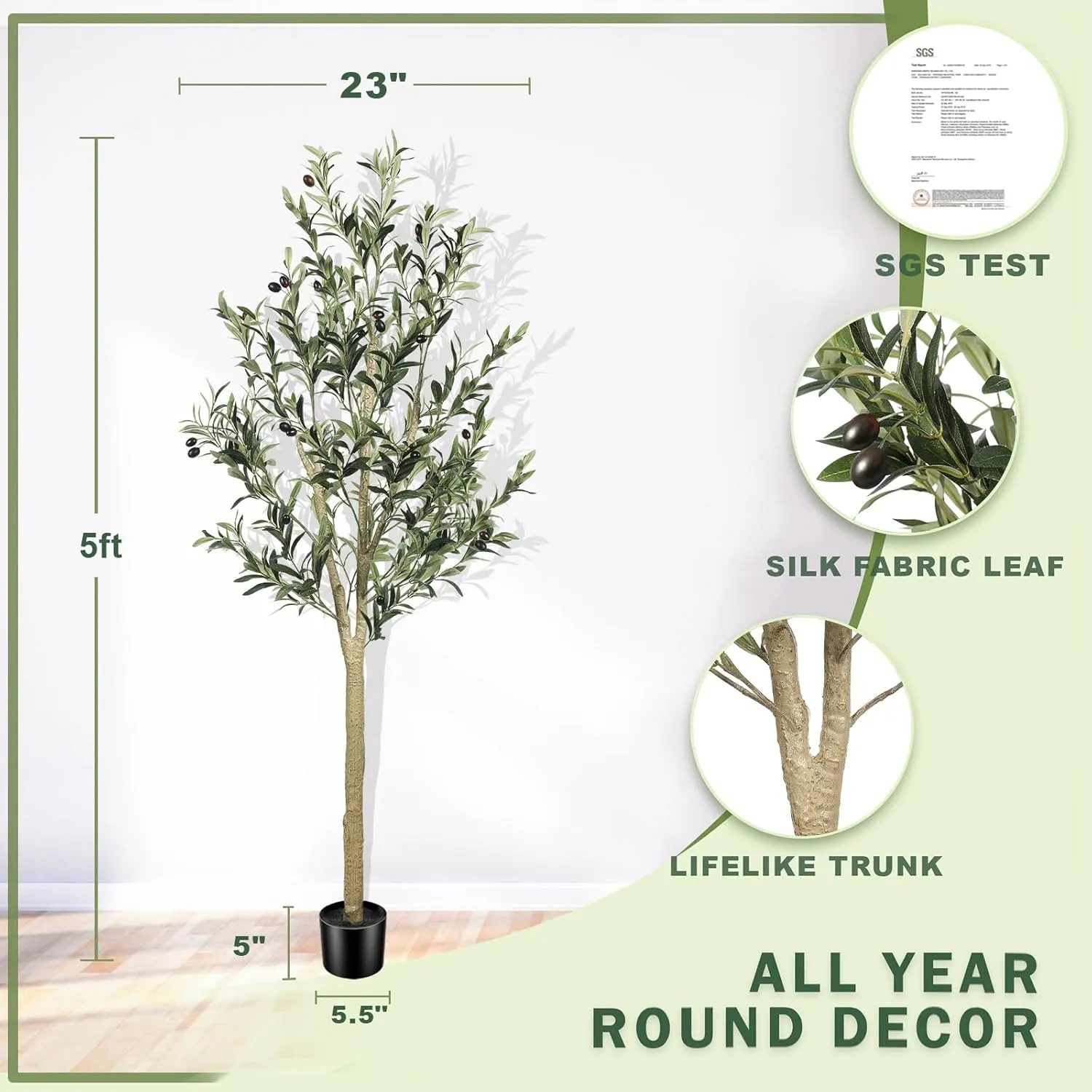5ft(60") Olive Tree Artificial Indoor, Fake Potted Olive Tree with Planter Large Faux Olive Branches and Fruits Artificial Tree for Home Office Decor