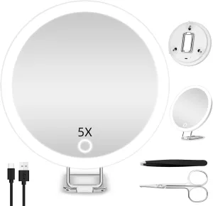 5X Makeup Magnifying Mirror with Lights, Handheld 6inch Magnifying Mirror with Suction Cups, Travel 5X Magnified with Tweezers and Scissors, Portable Lighted Makeup Mirror 5X Magnification