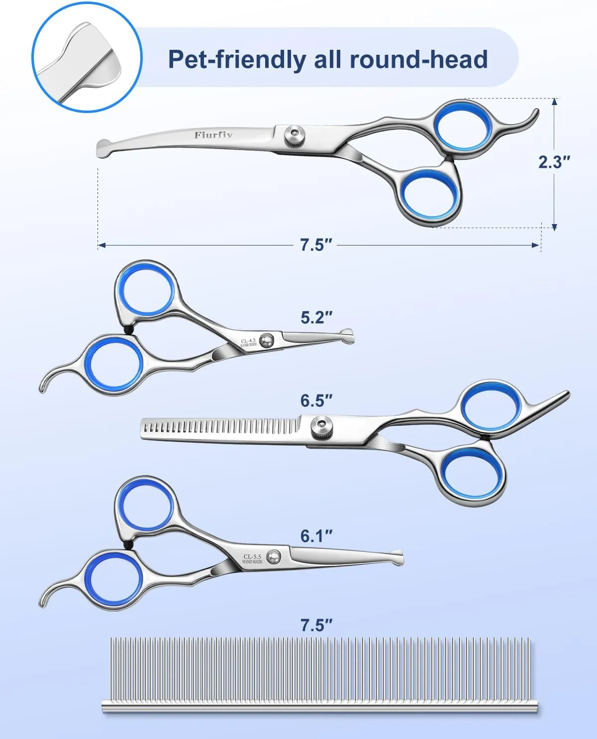 6-in-1 Dog Grooming Scissors - Professional Stainless Steel Hair Cutting Kit with Safety Rounded Tips, Ergonomic Soft-Grip Handles for Small & Large Dogs, Cats