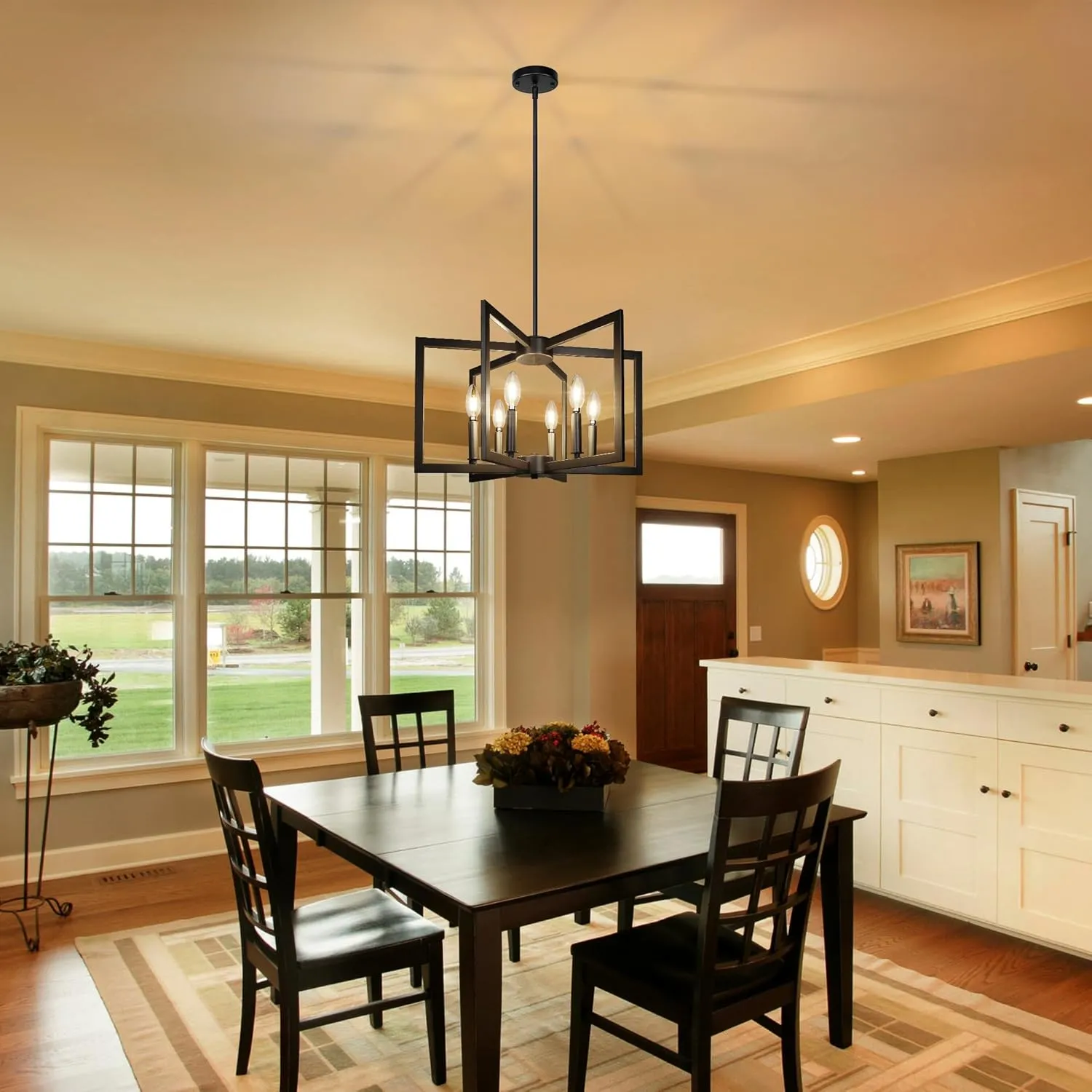 6-Light Black Chandelier,Dining Room Light Fixture Geometric Metal Modern Chandelier,Hanging Industrial Chandelier for Dining Room Kitchen Island Entryway Stairway Foyer Hallway.