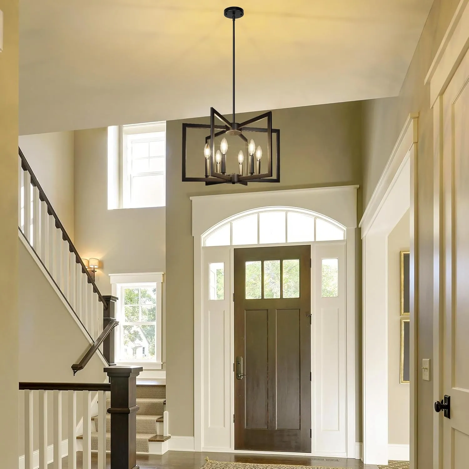 6-Light Black Chandelier,Dining Room Light Fixture Geometric Metal Modern Chandelier,Hanging Industrial Chandelier for Dining Room Kitchen Island Entryway Stairway Foyer Hallway.