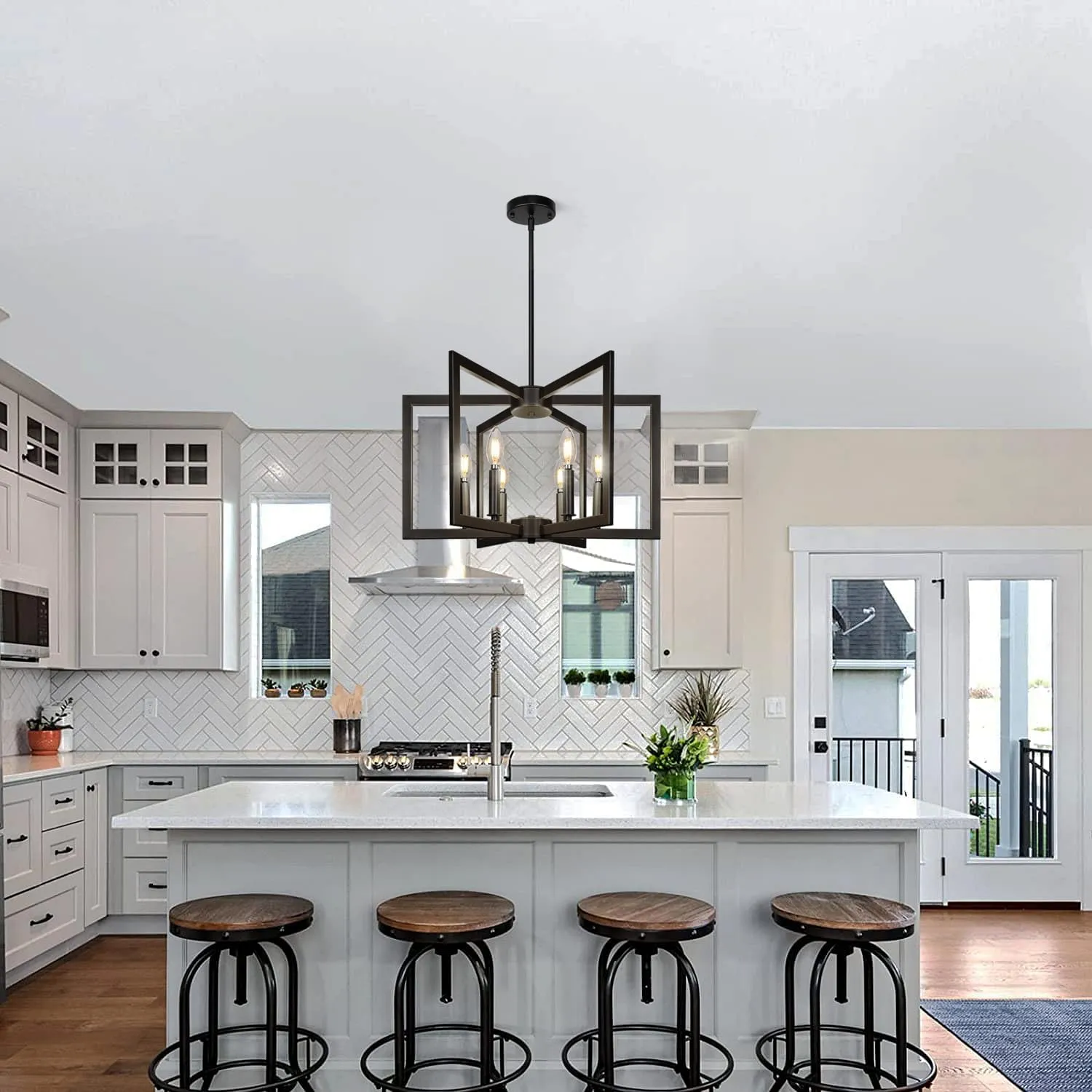6-Light Black Chandelier,Dining Room Light Fixture Geometric Metal Modern Chandelier,Hanging Industrial Chandelier for Dining Room Kitchen Island Entryway Stairway Foyer Hallway.