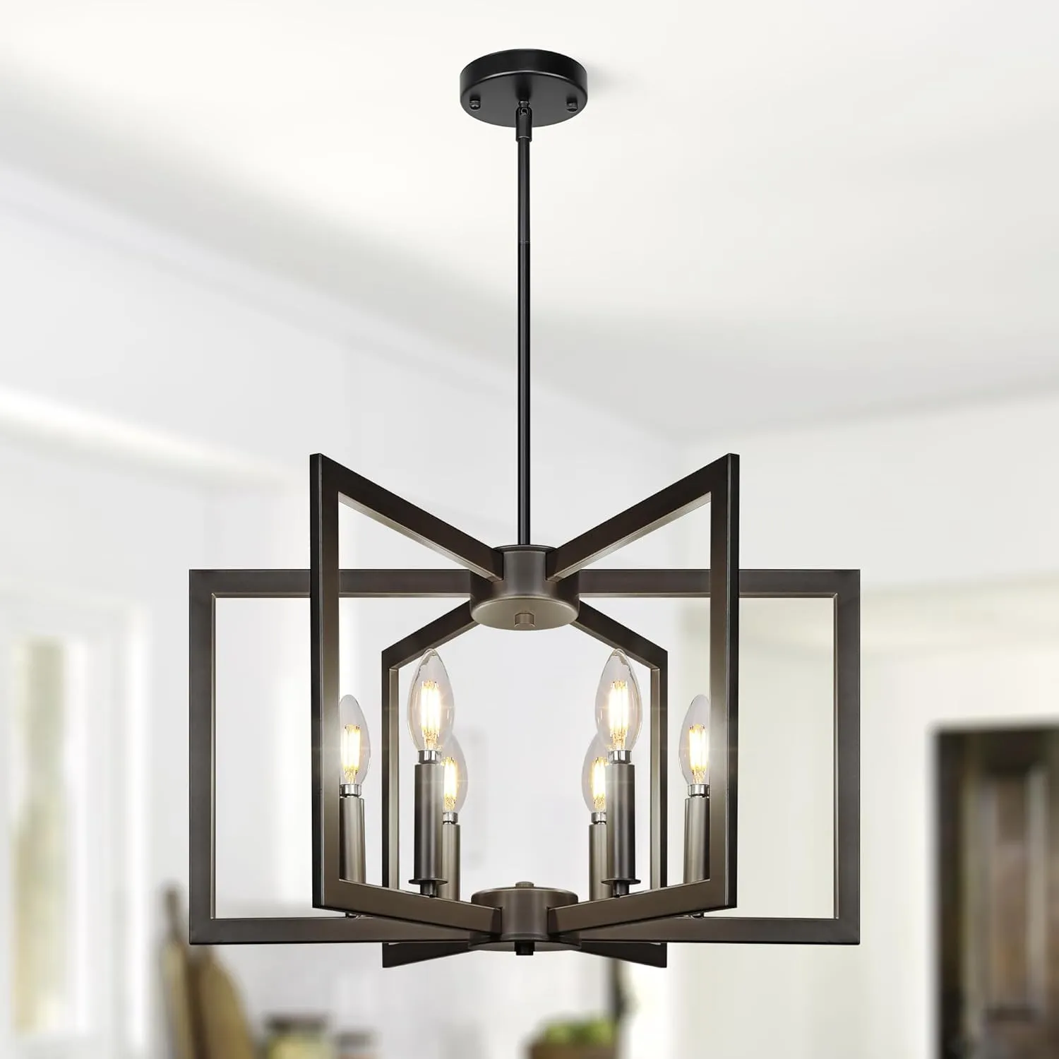 6-Light Black Chandelier,Dining Room Light Fixture Geometric Metal Modern Chandelier,Hanging Industrial Chandelier for Dining Room Kitchen Island Entryway Stairway Foyer Hallway.