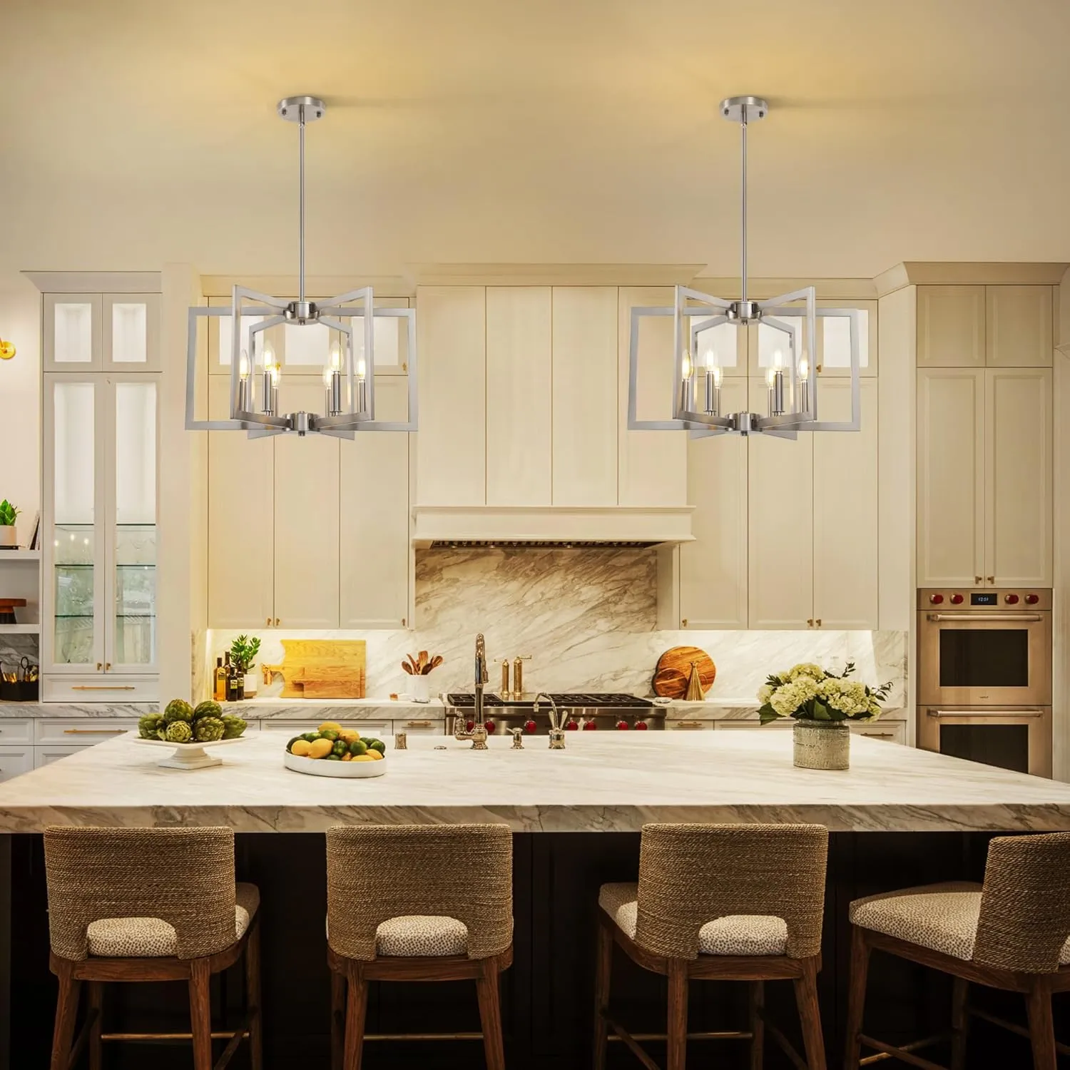 6-Light Modern Metal Geometric Chandelier，Kitchen Island Brushed Nickel Lighting Fixtures，Entryway Light Fixture Hanging Brushed Nickel，Farmhouse for Dining Room Chandelier