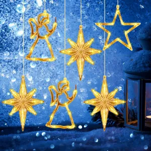6 Pcs Bethlehem Christmas Window Lights LED Star Decorations Silhouette Battery Tree Hanging Lights with Suction Cup for Xmas Party Indoor Decor in Warm White