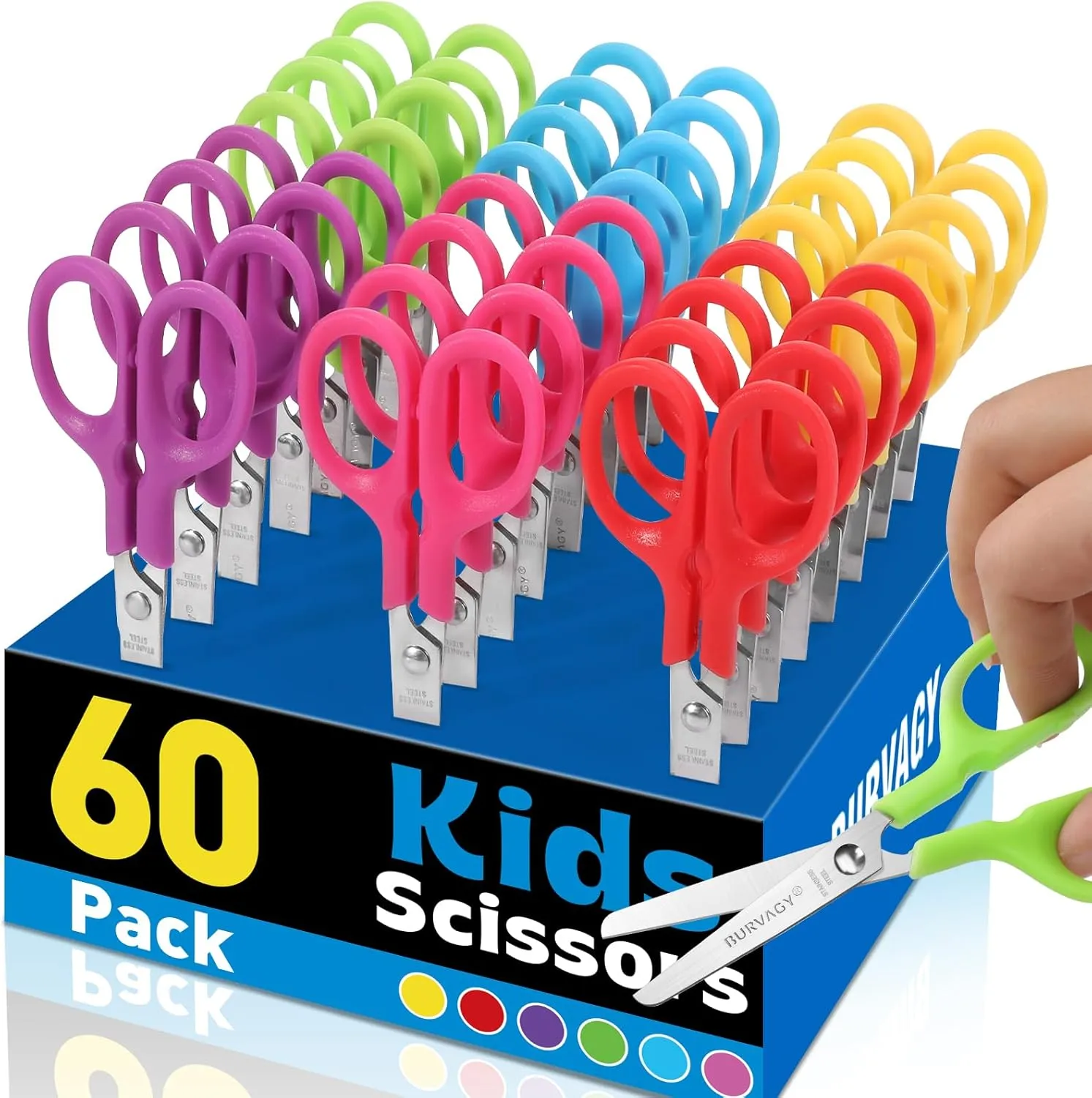 60Pack 5" Small School Student Blunt Craft Kids Scissors, Sharp Stainless Steel Blades Safety Comfort Grip Scissors for Kids Children Cutting Paper, 5Inch