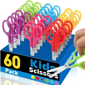 60Pack 5" Small School Student Blunt Craft Kids Scissors, Sharp Stainless Steel Blades Safety Comfort Grip Scissors for Kids Children Cutting Paper, 5Inch