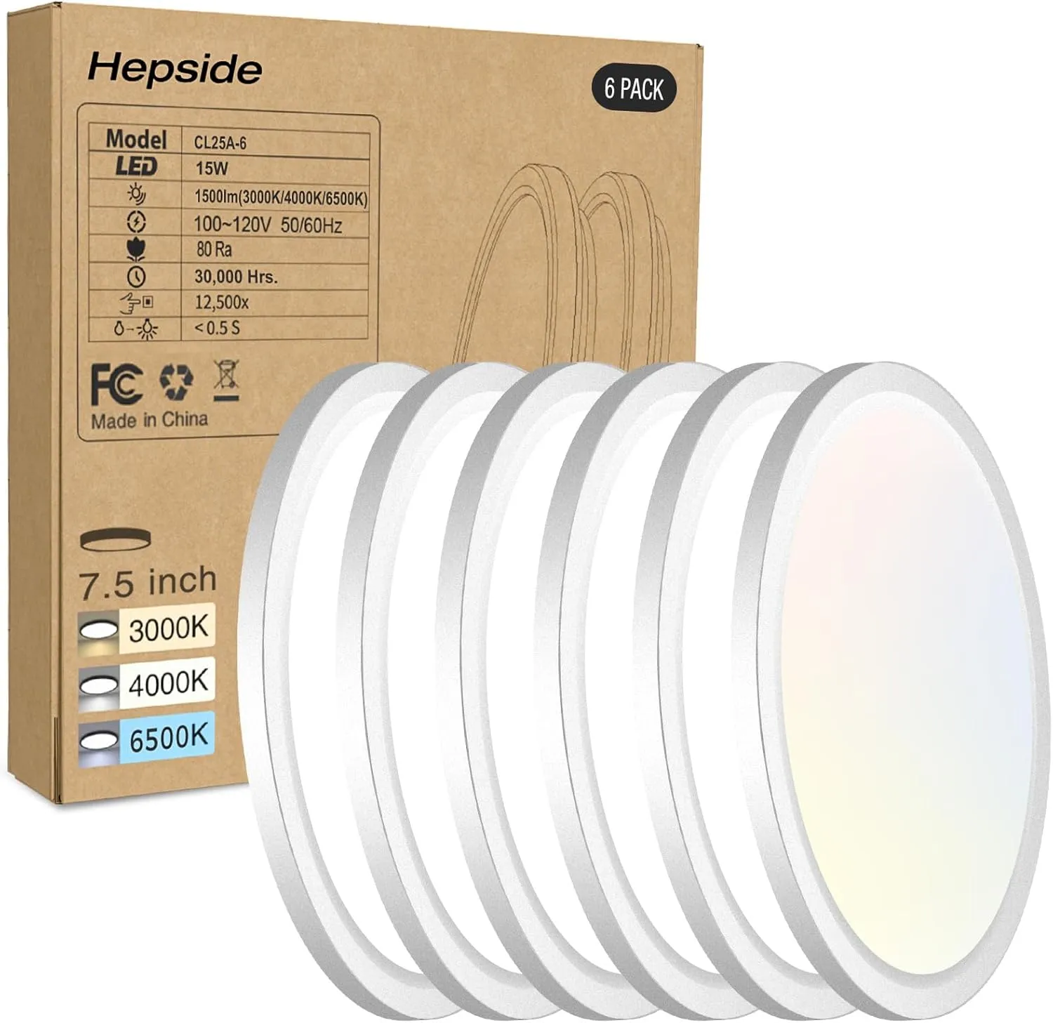 6PACK LED Flush Mount Ceiling Light, 3000K-4000K-6500K & 100W Equivalent Modern Kitchen Recessed Ceiling Lamp 15W 1500Lm 7.5 Inch for Bathroom Closet Laundry Bedroom Hallway, White