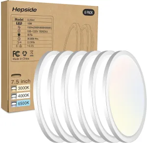 6PACK LED Flush Mount Ceiling Light, 3000K-4000K-6500K & 100W Equivalent Modern Kitchen Recessed Ceiling Lamp 15W 1500Lm 7.5 Inch for Bathroom Closet Laundry Bedroom Hallway, White