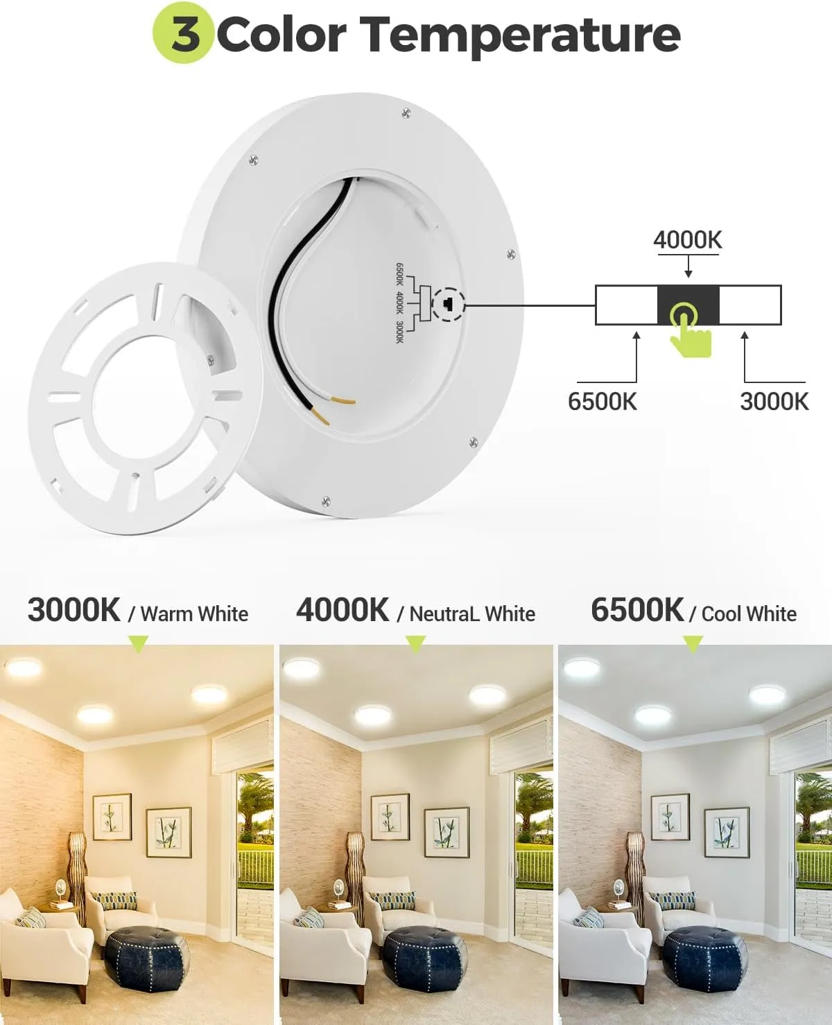 6PACK LED Flush Mount Ceiling Light, 3000K-4000K-6500K & 100W Equivalent Modern Kitchen Recessed Ceiling Lamp 15W 1500Lm 7.5 Inch for Bathroom Closet Laundry Bedroom Hallway, White